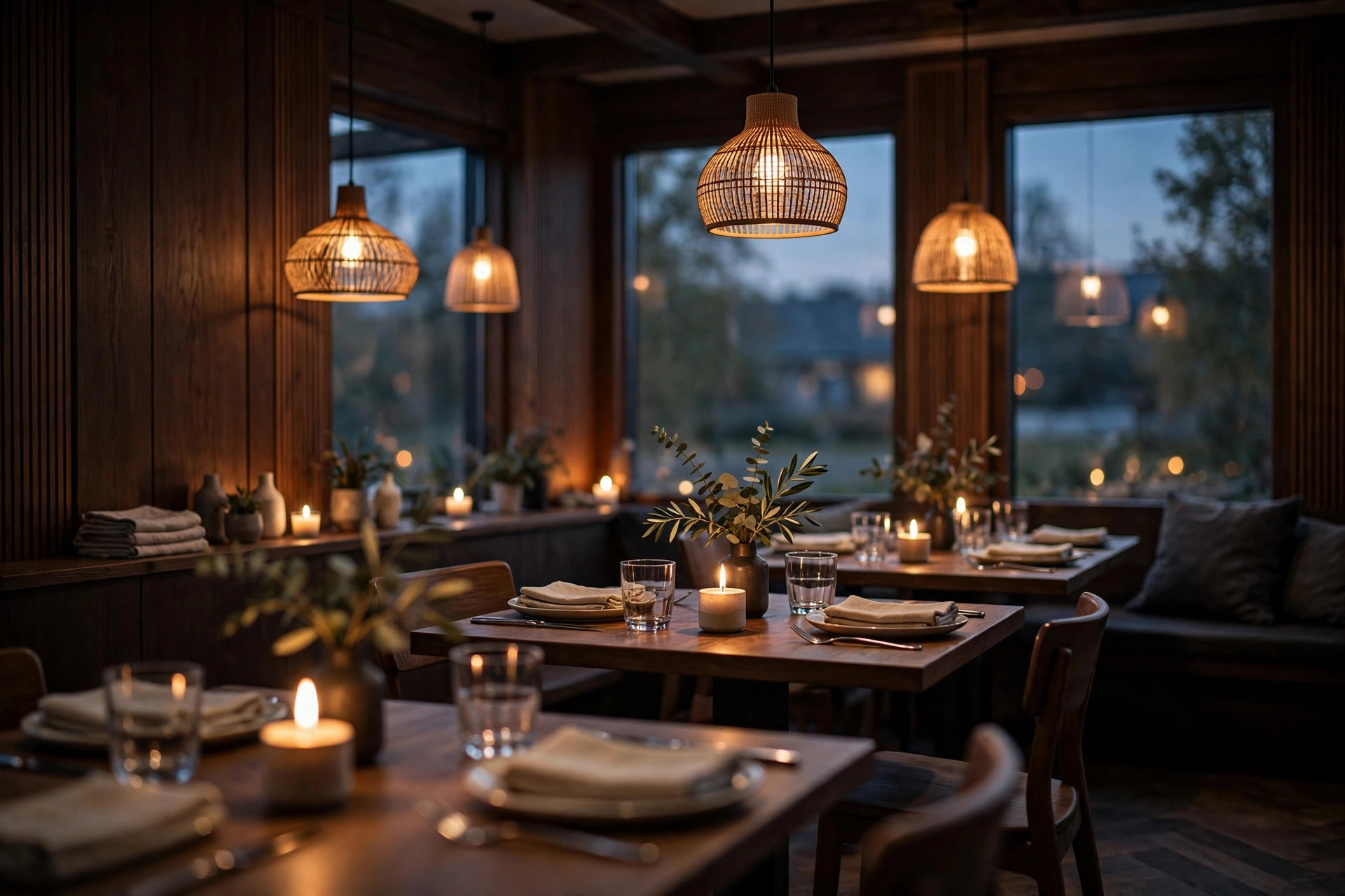 Stemningsfull restaurantsal i skandinavisk stil i kveldslys