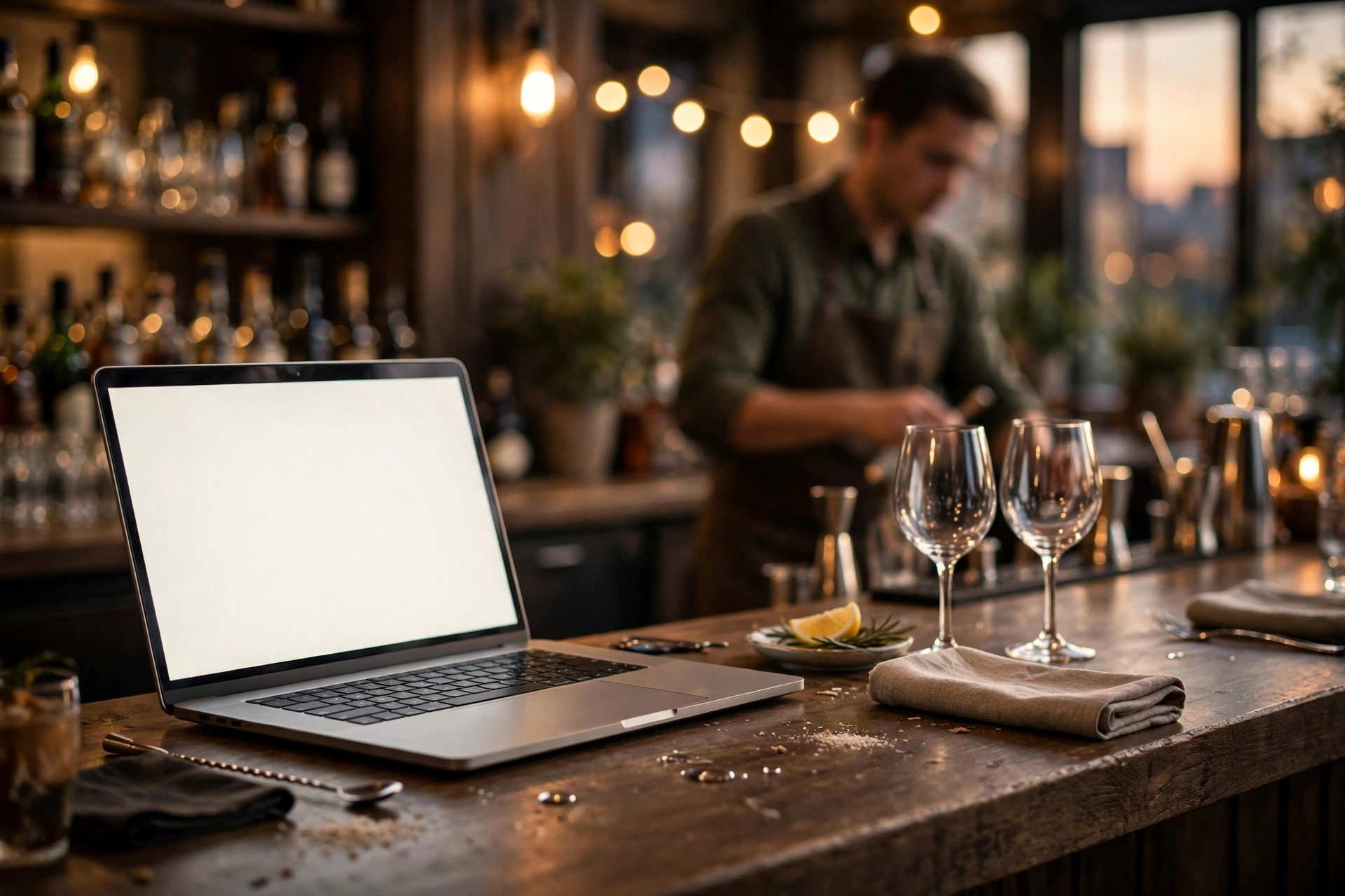 Bardisk med öppen laptop — en flersidig sajt ger meny, bokning och catering varsin egen sida