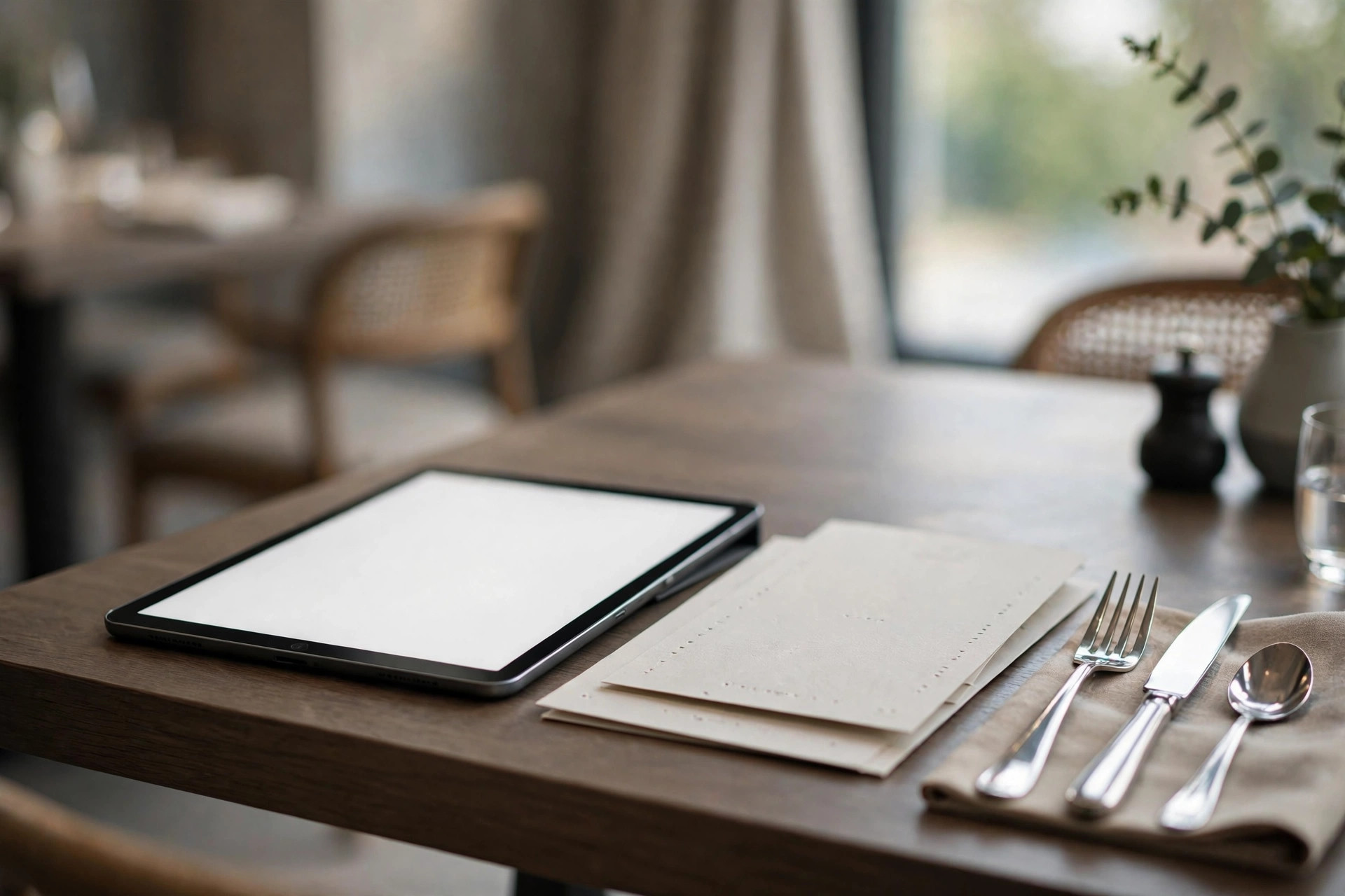 Modernt restaurangbord med surfplatta som visar en tom webbsida bredvid tryckta menyer