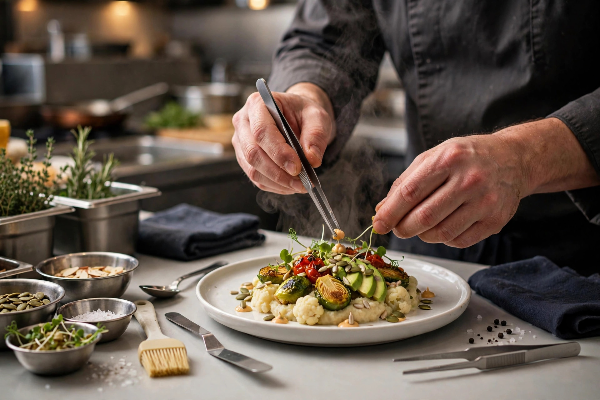 Kokki viimeistelee gluteenitonta annosta ravintolan keittiössä huolellisesti