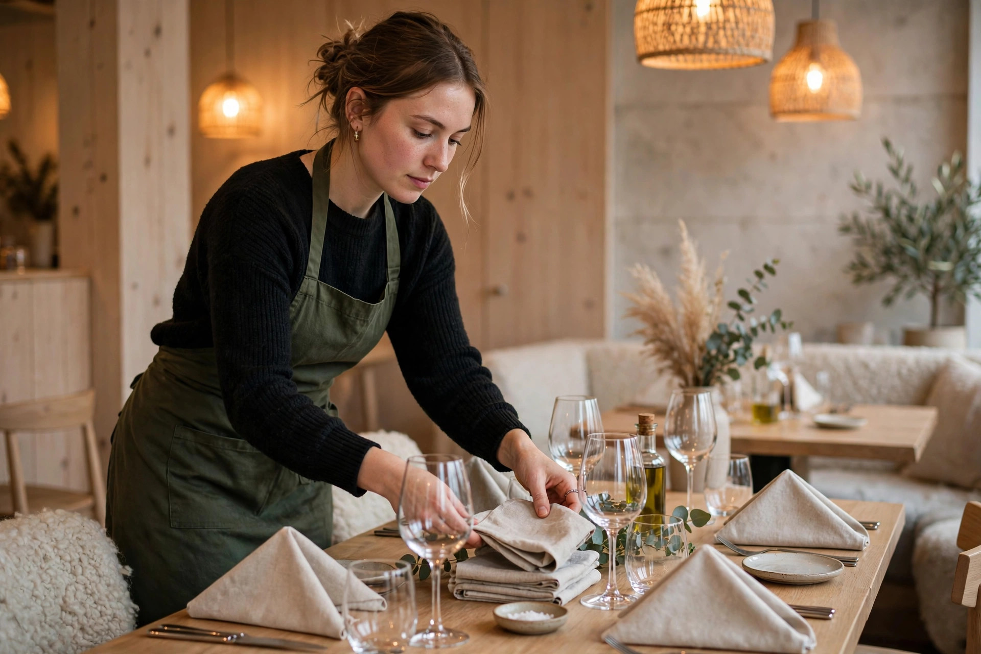 Restaurangpersonal som dukar ett bord med vinglas och servetter