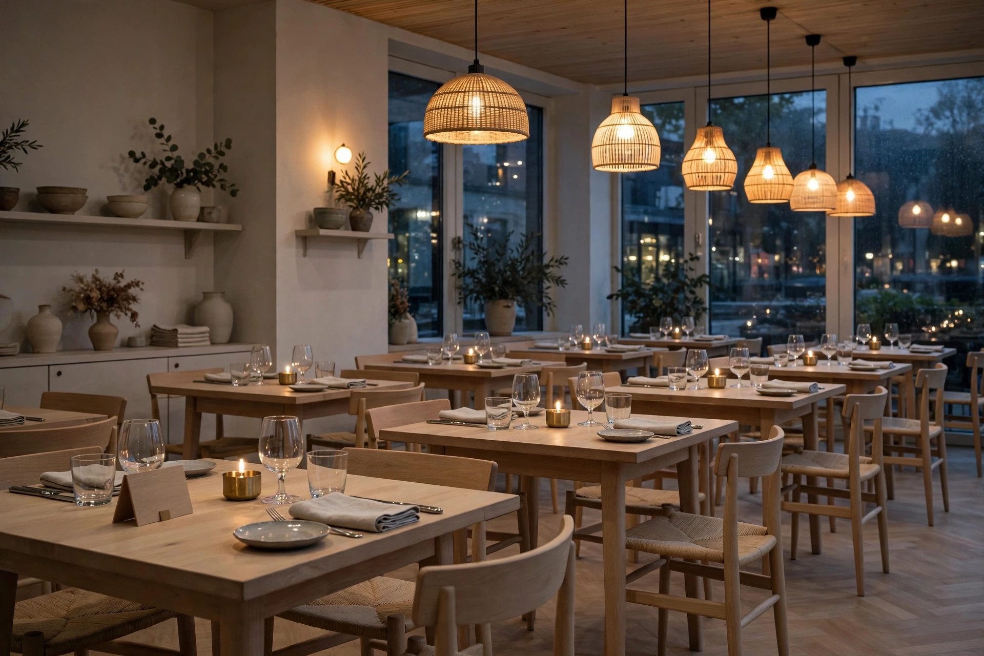 Tom restaurangsal med dukade bord i kvällsljus