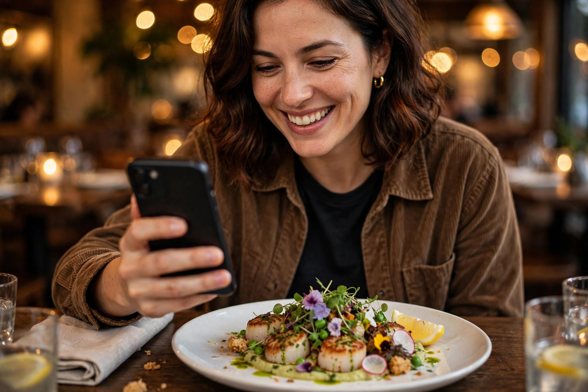 Leende gäst som fotograferar sin tallrik med mobilen vid restaurangbordet