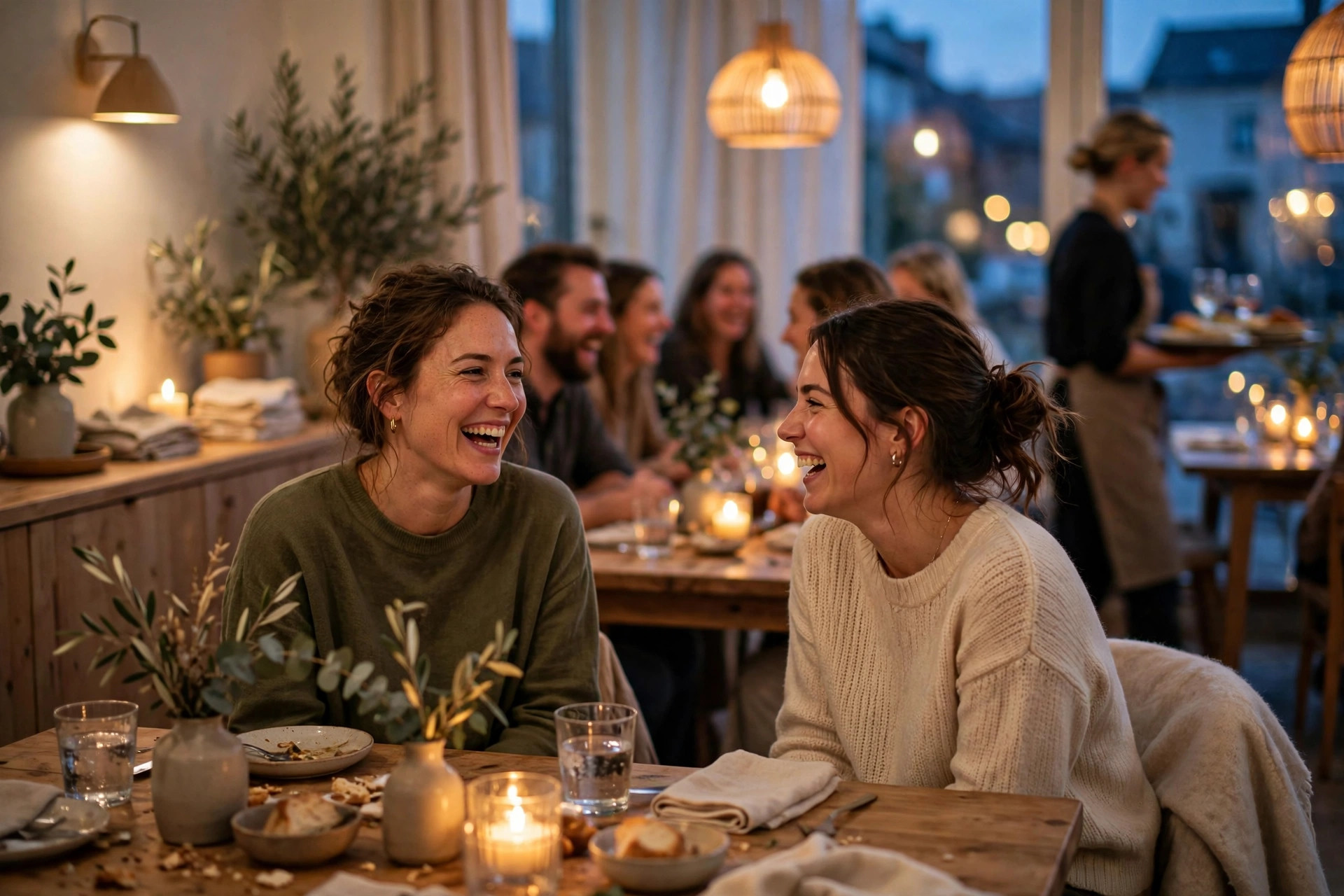Varm restaurangmiljö i skymningsljus där gäster skrattar runt borden