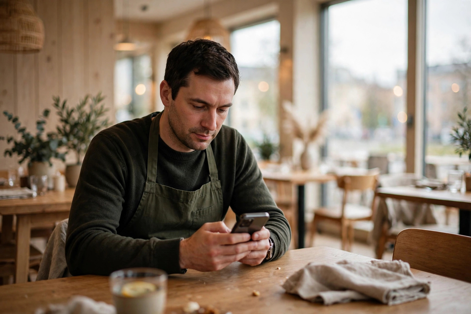 Restaurangägare kontrollerar restaurangens Facebook-sida på mobilen vid ett bord i restaurangmiljö