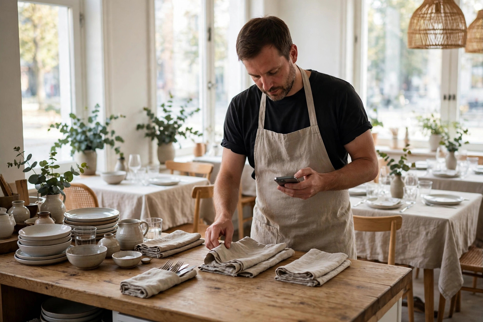 Restaurangägare kontrollerar tiderna på mobilen bakom bardisken före öppning
