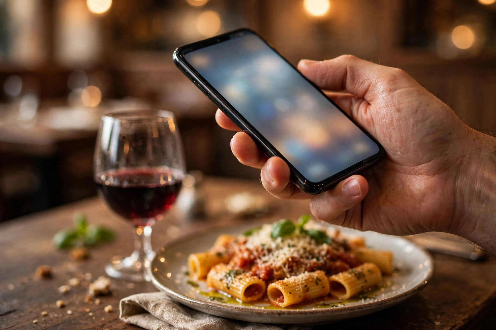 Gäst som håller upp mobiltelefonen över en restaurangrätt — ögonblicket då många recensioner och bilder föds