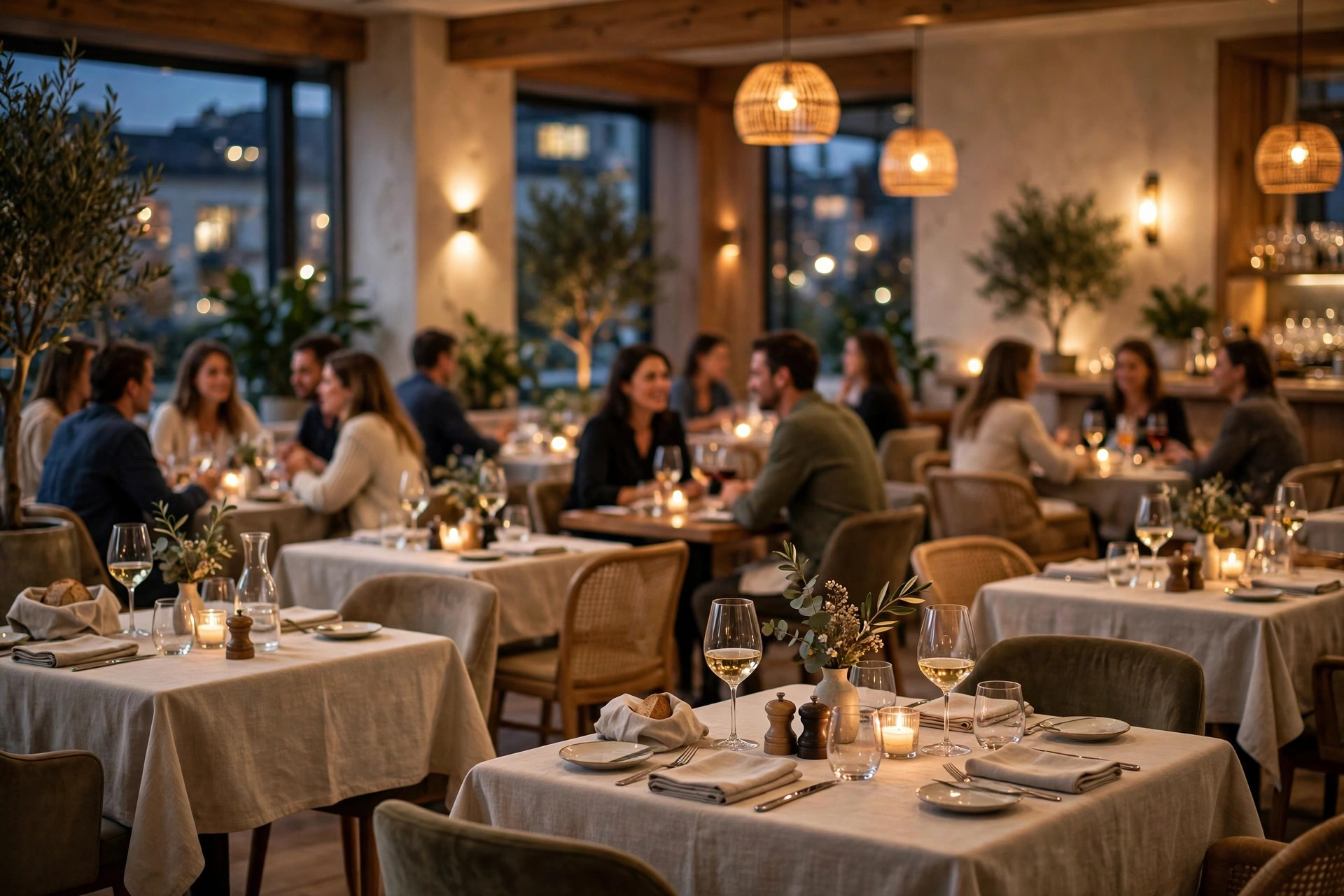 Stämningsfull restaurangmatsal i kvällsljus med gäster vid dukade bord