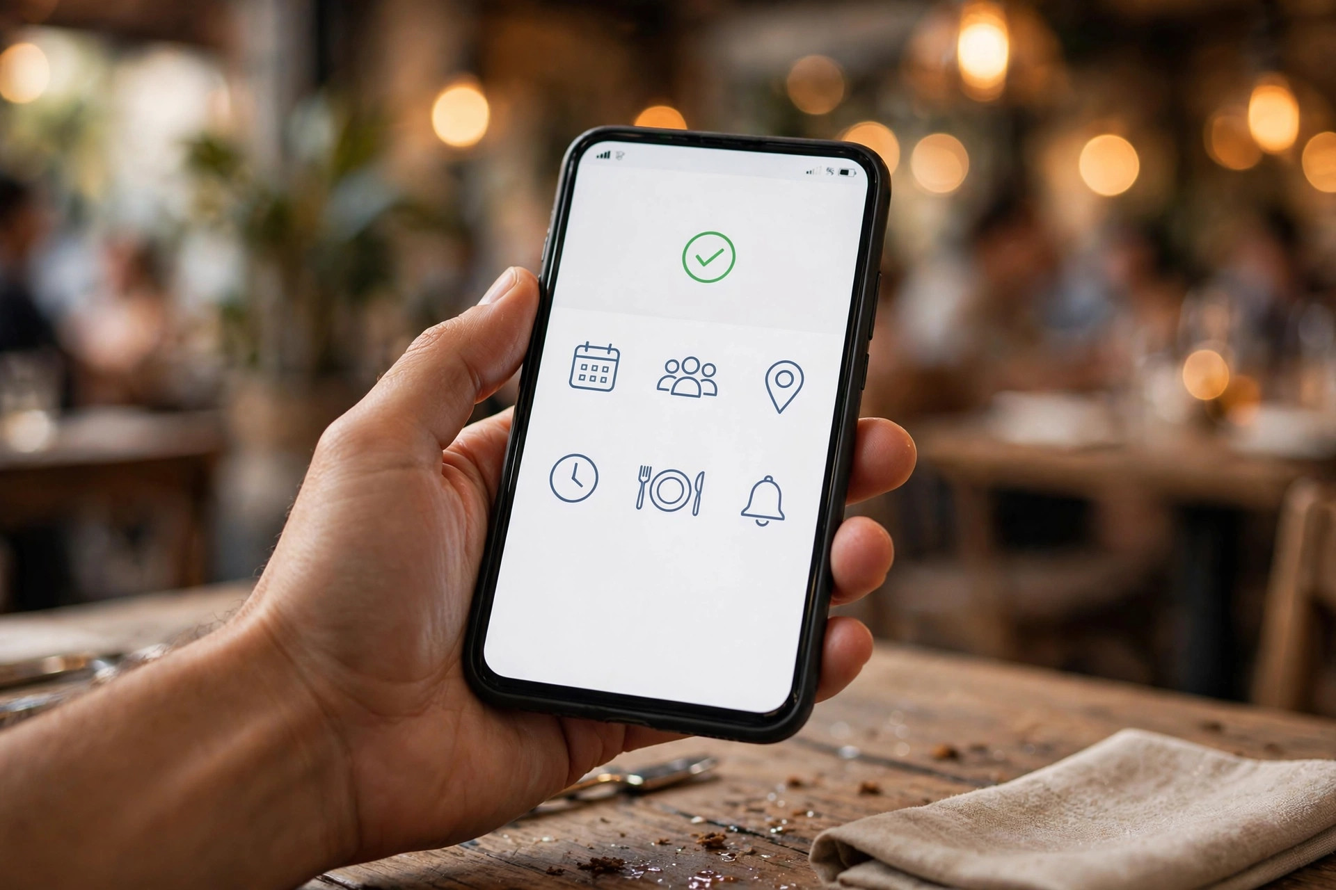 Hånd som holder en smarttelefon med en bordbestillingsbekreftelse på skjermen, med uskarp restaurant i bakgrunnen