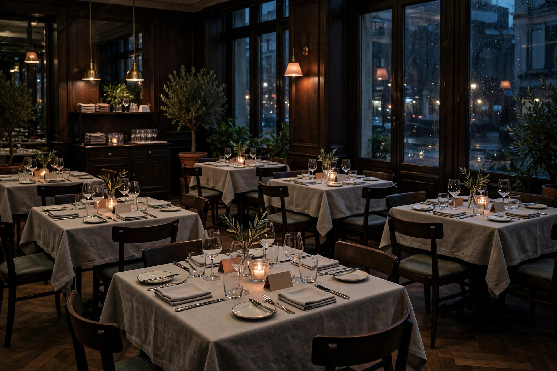 Elegant restaurantlokale med pent oppdekkede, men tomme bord i kveldslys – illustrerer kostnaden ved no-shows
