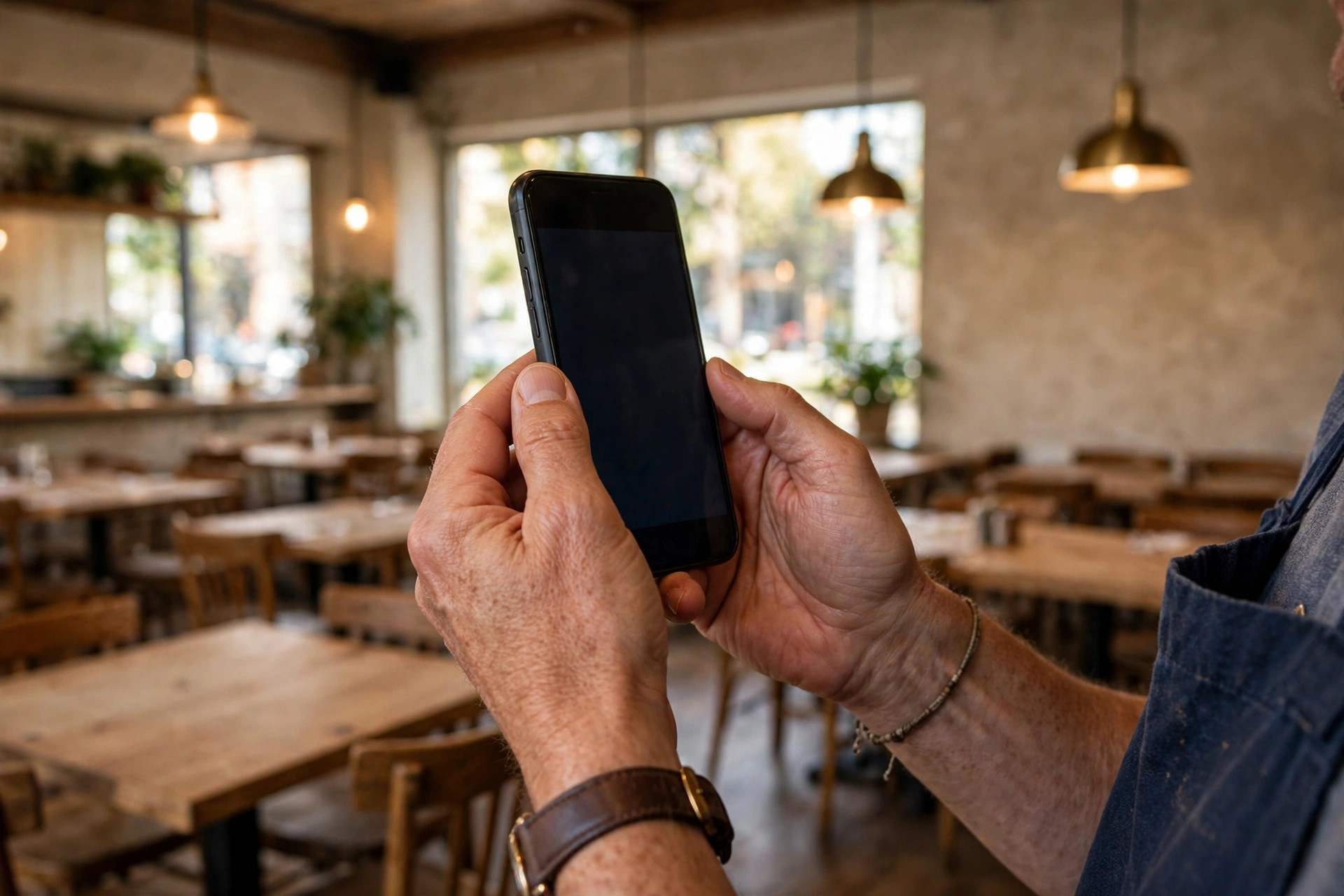 Restauranteier fotograferer restaurantlokalet med smarttelefon for å oppdatere profilen