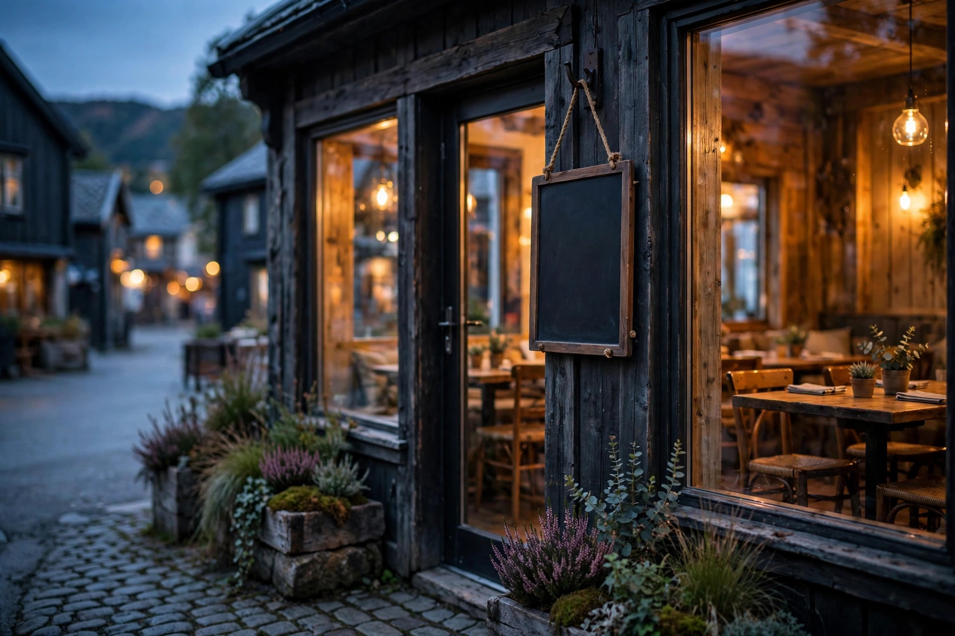 Restaurantinngang i skumring med varmt lys i vinduene før åpning