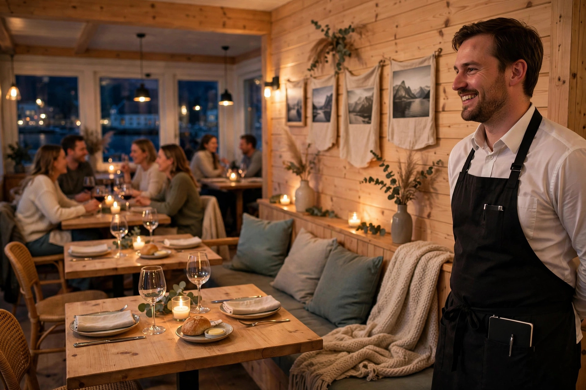 Koselig norsk restaurant i kveldslys med fornøyde gjester rundt bordene – gjester som gjerne anbefaler stedet videre