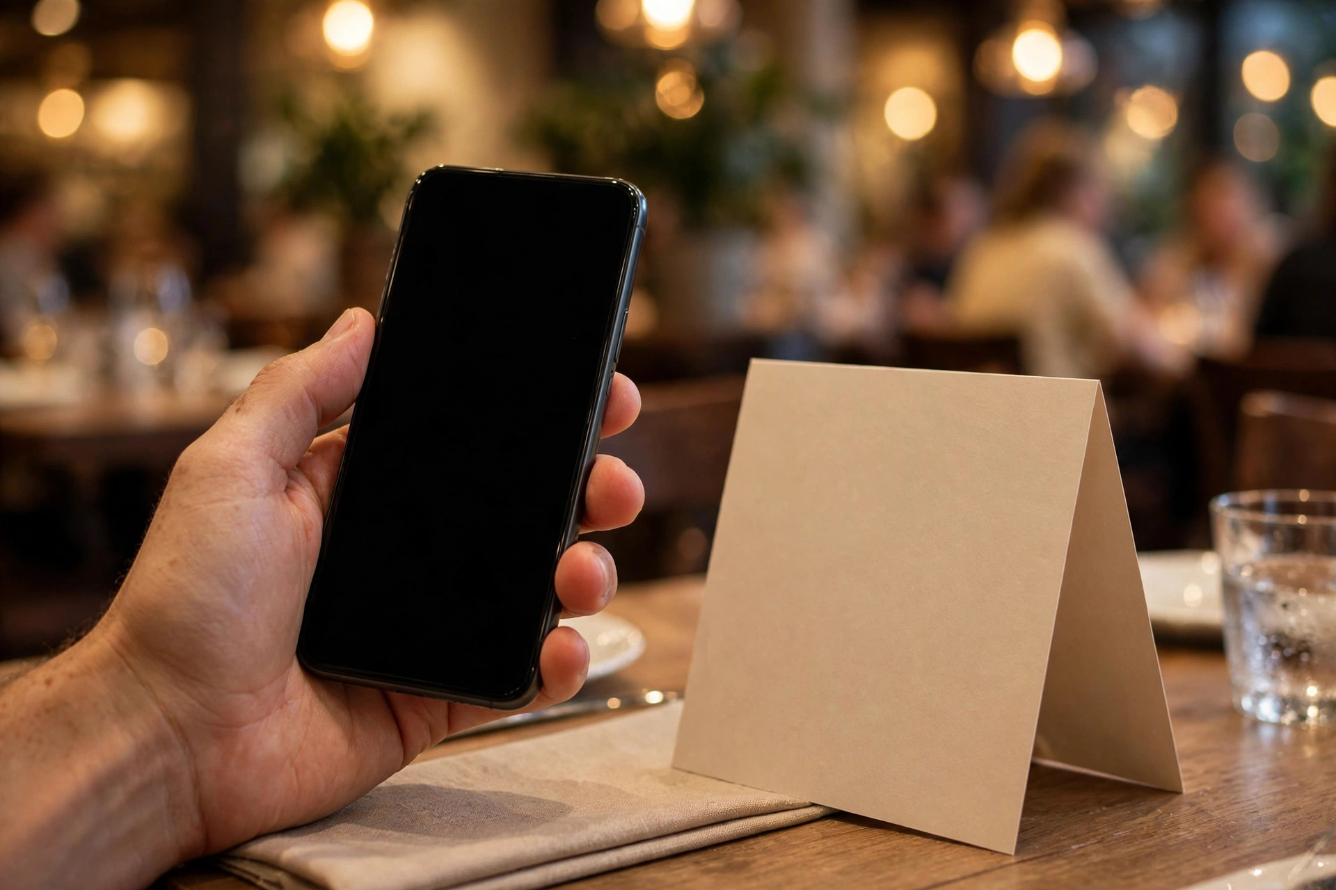 A hand holding a smartphone next to a table tent inviting restaurant guests to recommend the restaurant online.