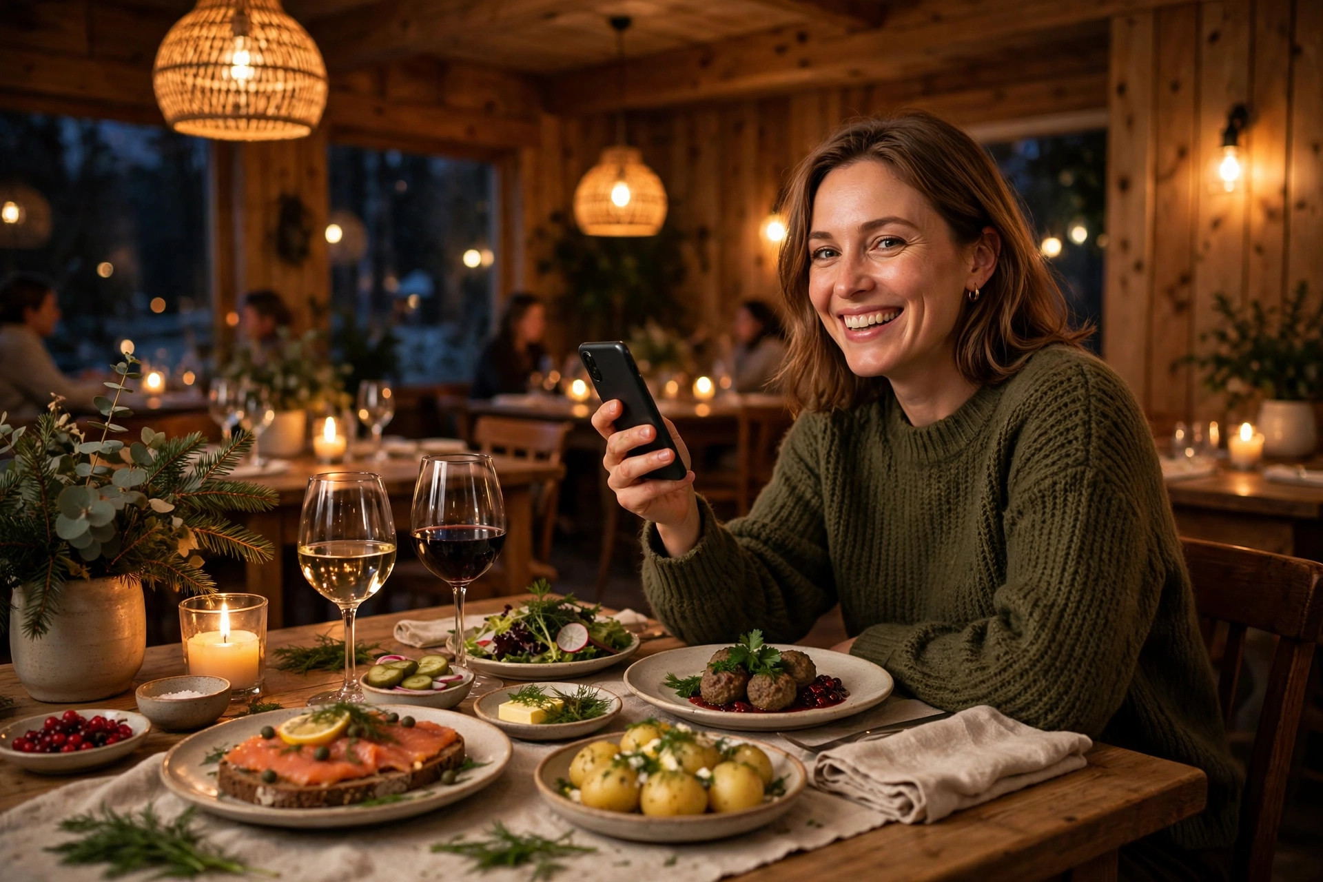 A happy restaurant guest holding a smartphone at a warmly lit table set with Scandinavian dishes and wine.