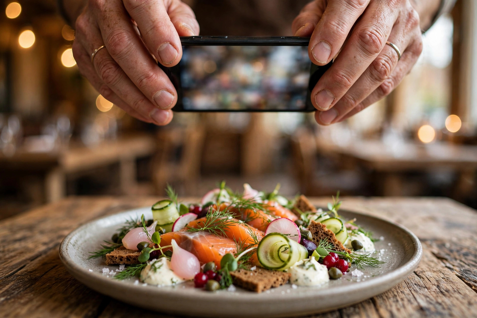Hender som fotograferer en nydelig anrettet lakserett med smarttelefon på restaurantbord