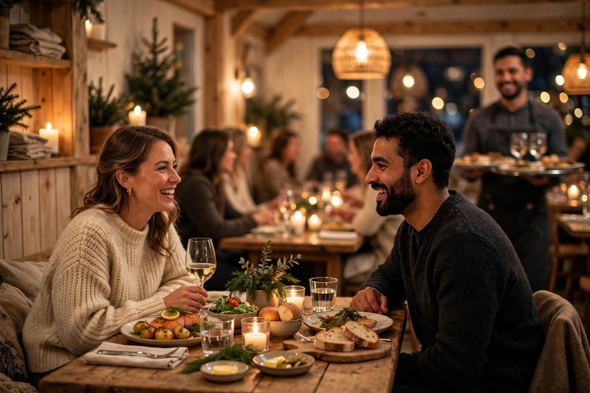 Stemningsfull norsk restaurantsal i kveldslys med gjester rundt bordene