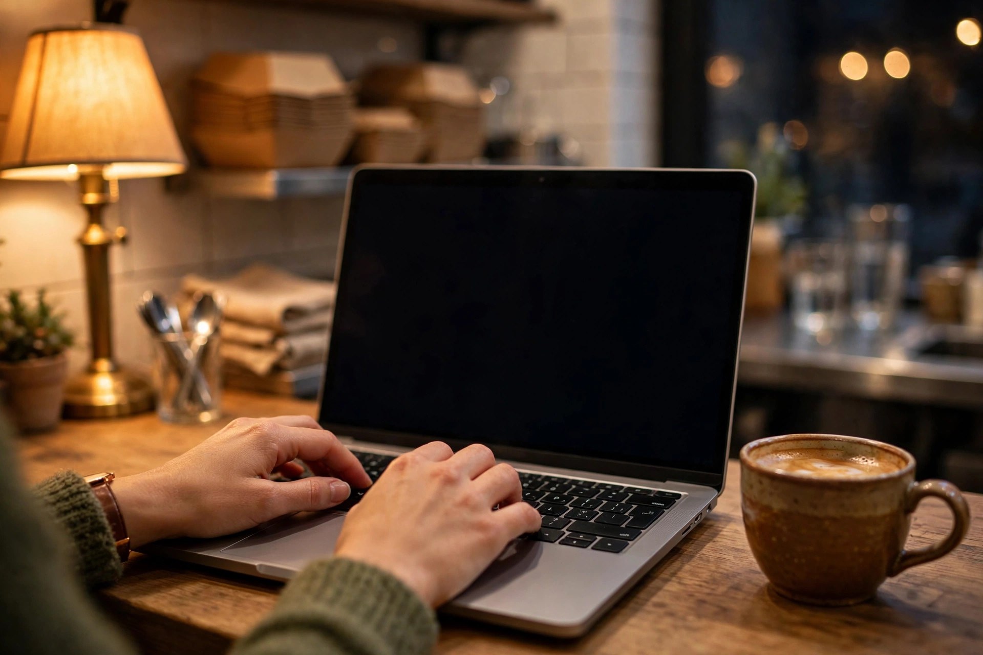 Restaurant owner drafting a professional response to an online review on a laptop