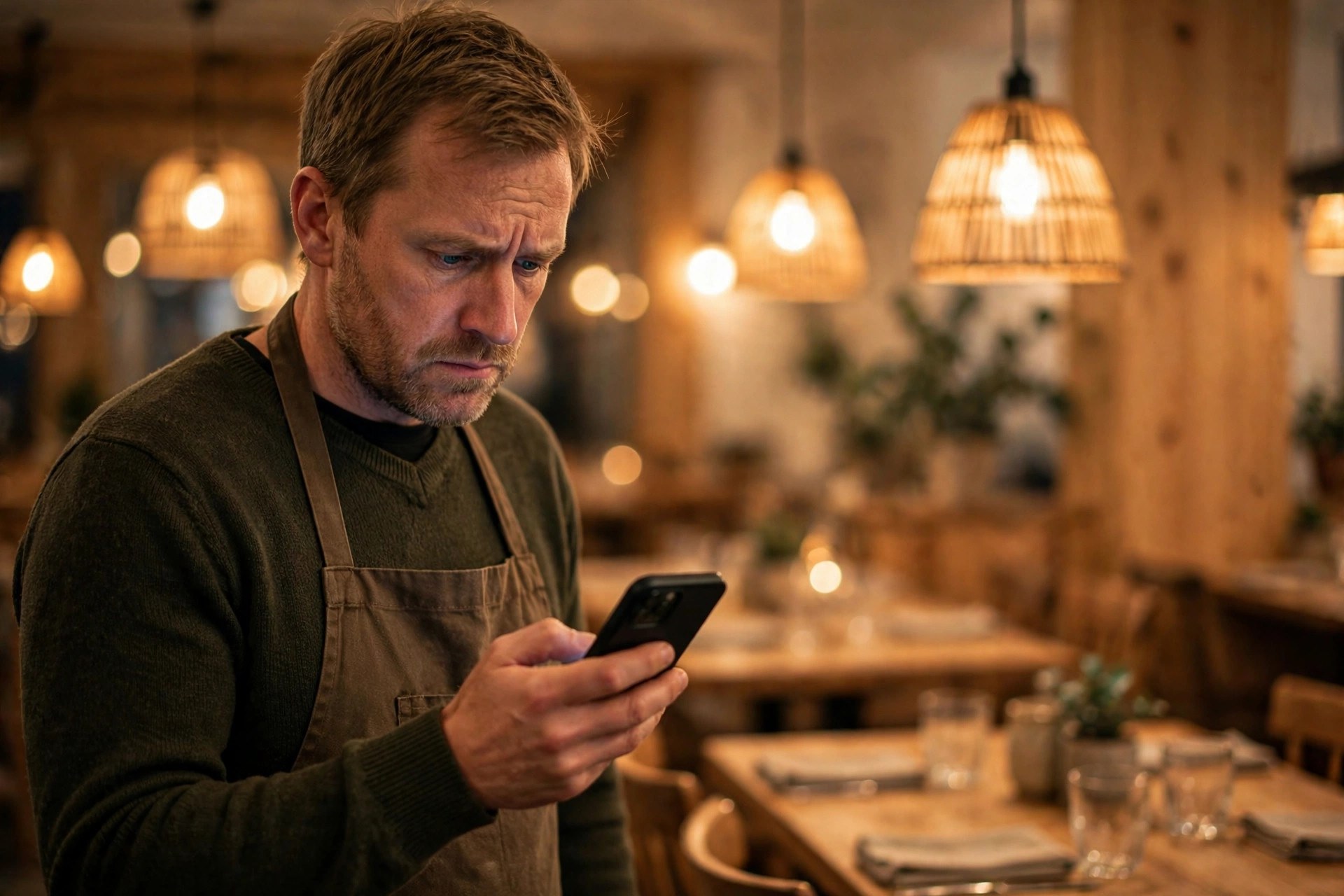 Restaurant owner reading a troubling review on his phone in a warmly lit dining room
