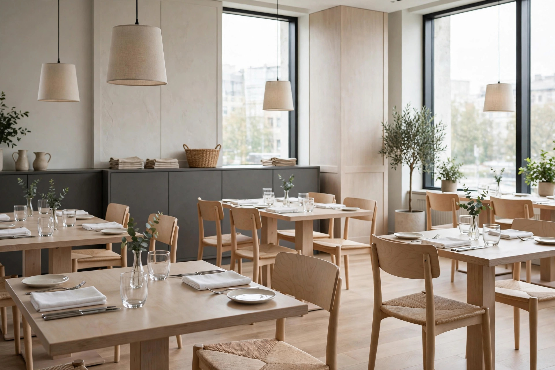 Rolig og innbydende restaurantlokale med oppdekkede bord i dagslys