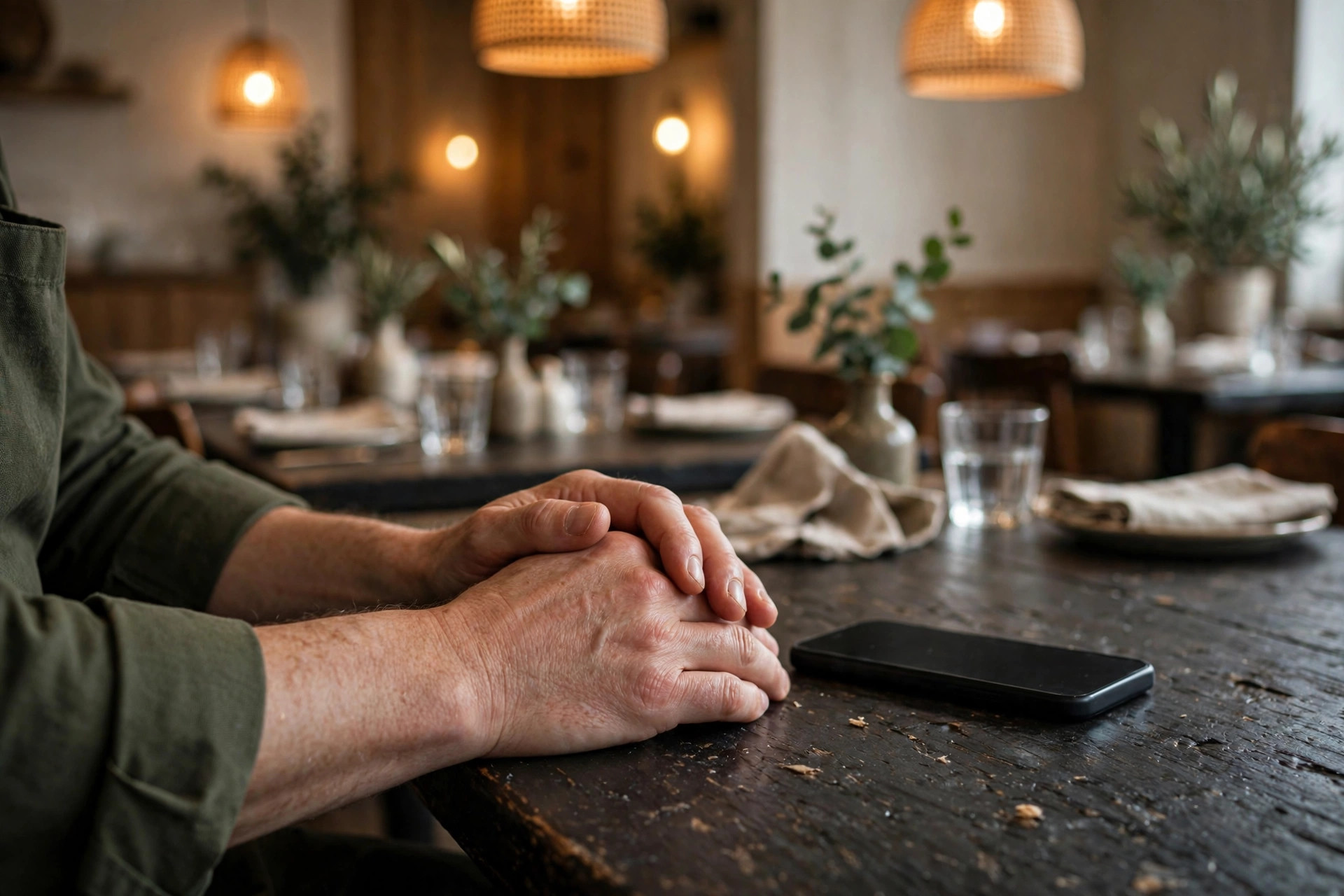 Restauranteier som går gjennom anmeldelser ved et trebord i en koselig restaurant