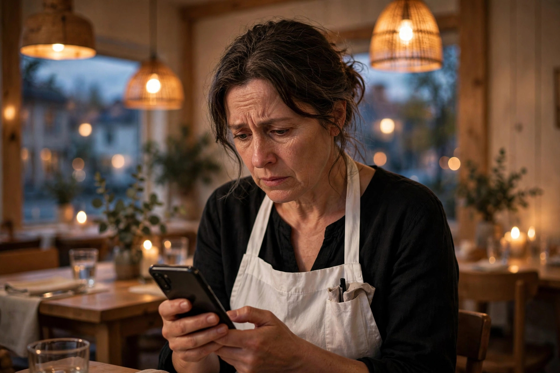Restaurangägare tittar bekymrat på sin mobiltelefon i en varm restauranglokal