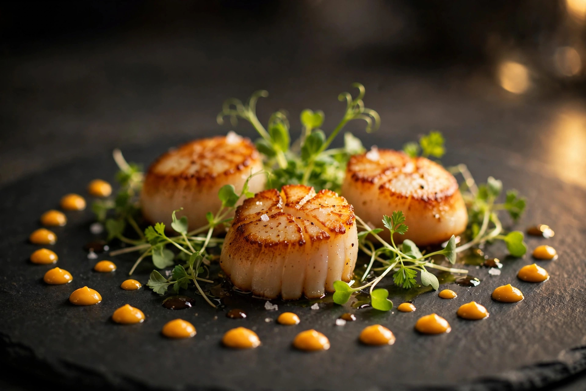 Lähikuva taidokkaasti asetellusta fine dining -annoksesta tummalla kivitasolla