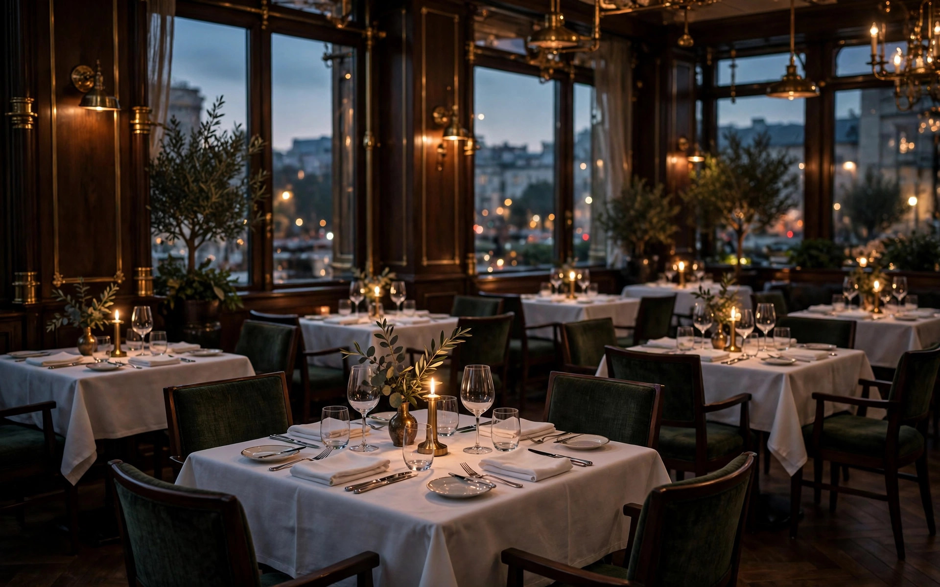 Hämärä fine dining -ravintolasali, katettu pöytä viinilaseineen kynttilänvalossa