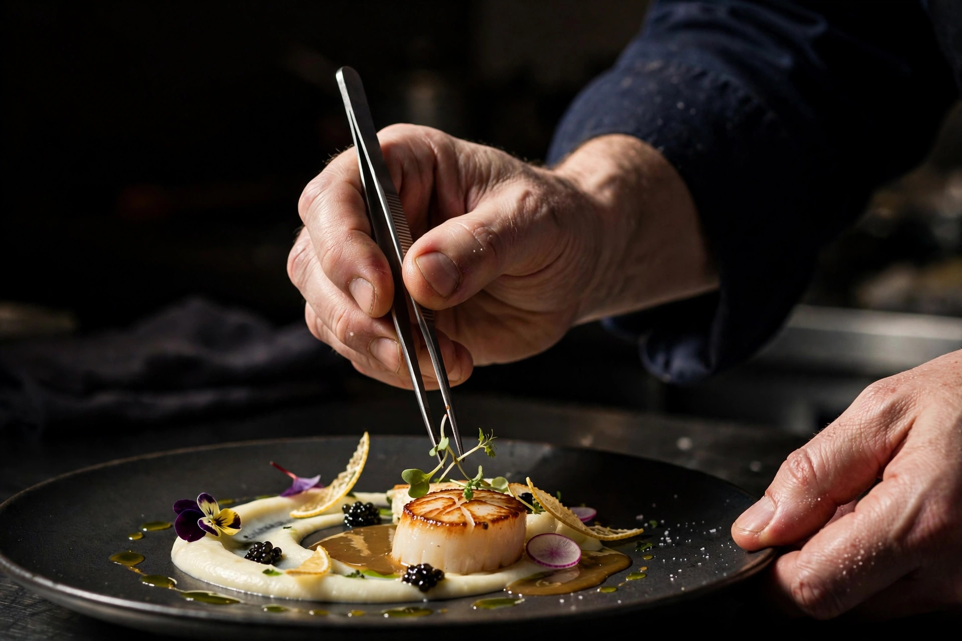 Kockens händer lägger upp en gourmeträtt med pincett i fine dining-kök