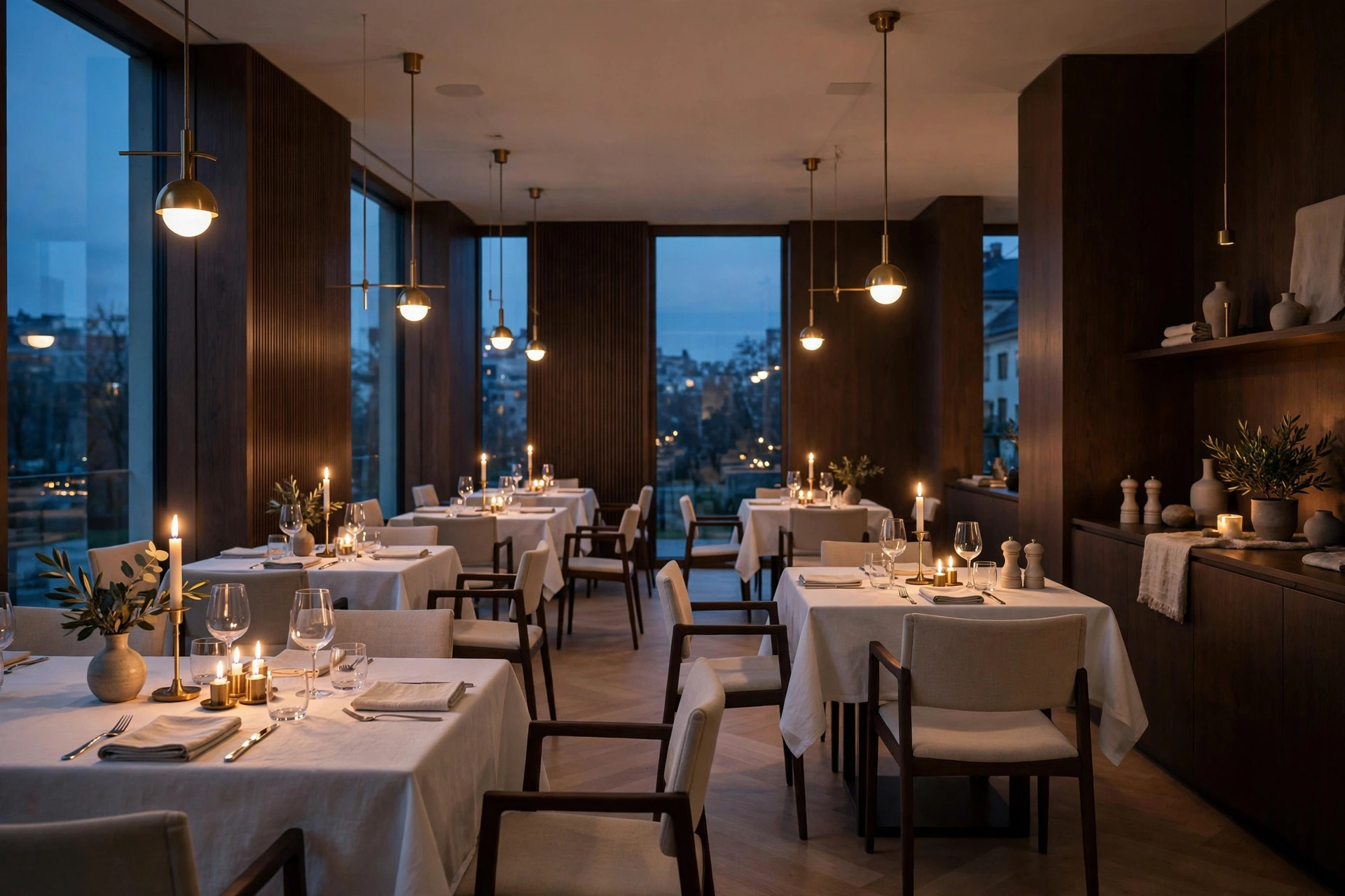 Elegant fine dining-matsal i skymningsljus med tända ljus och vita dukar