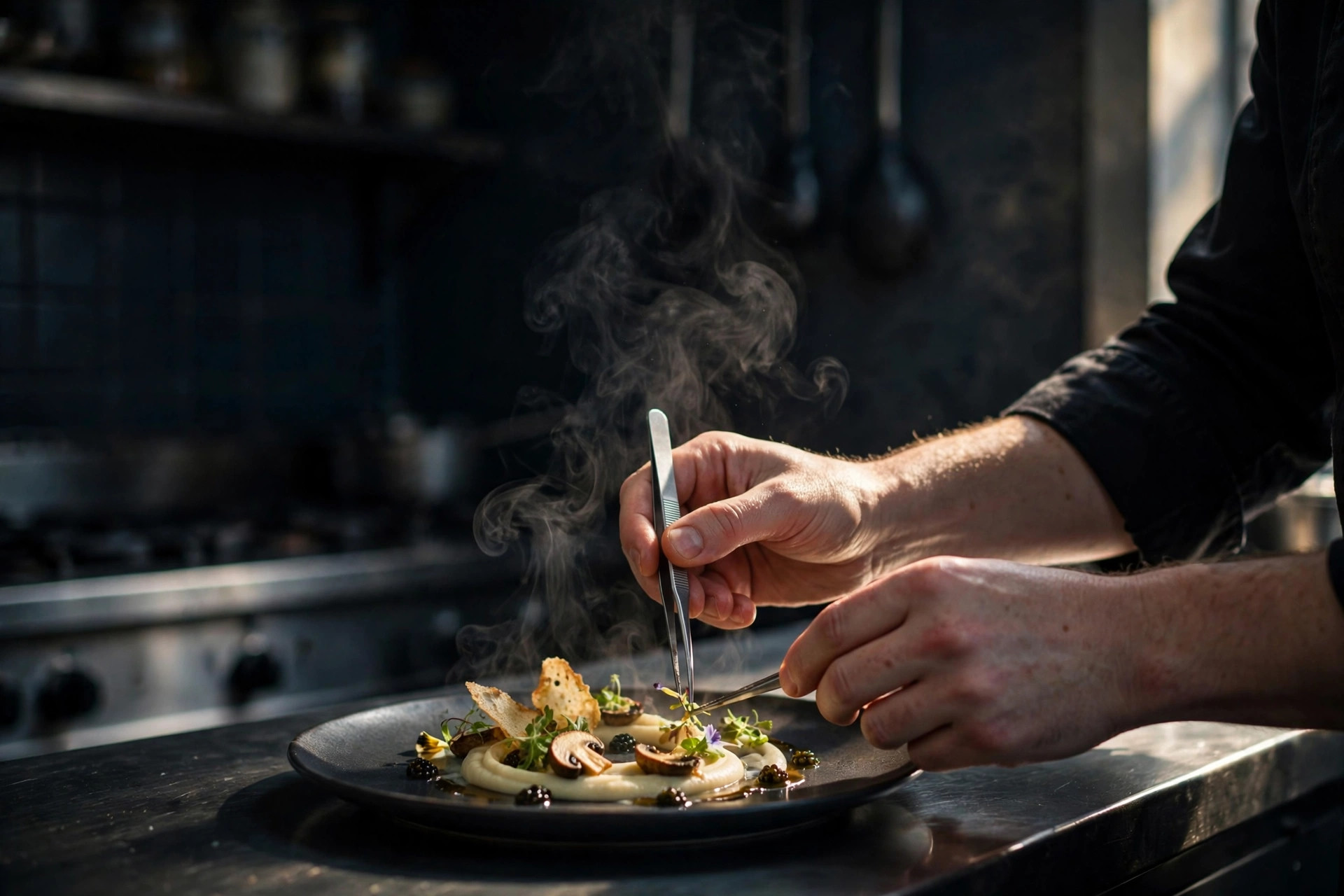 Chef's hands delicately plating a fine dining dish with tweezers in a dark kitchen