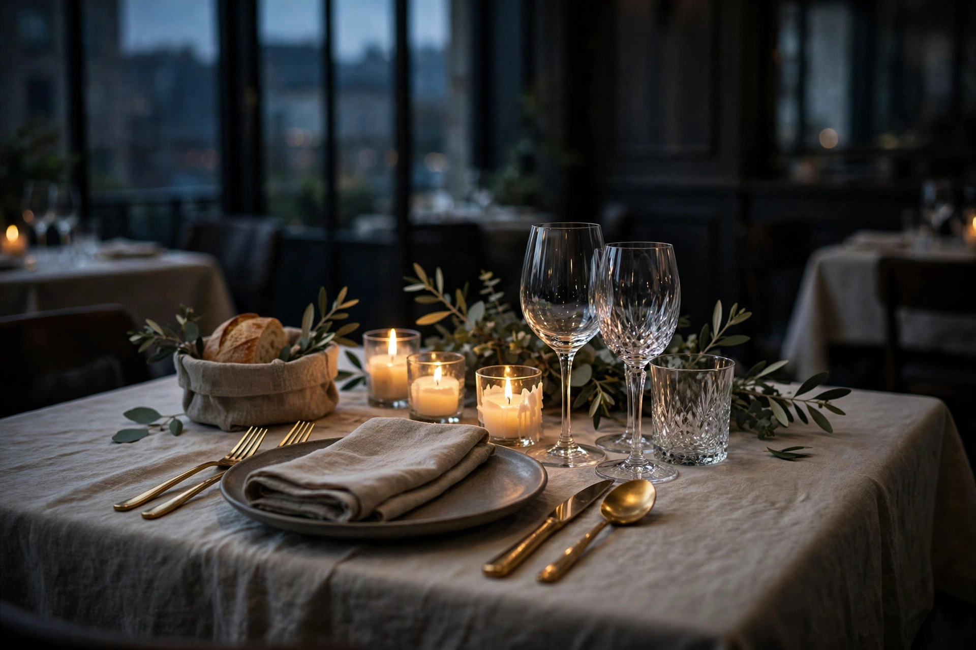 Elegant fine dining table setting at dusk with candlelight, crystal glasses and gold cutlery