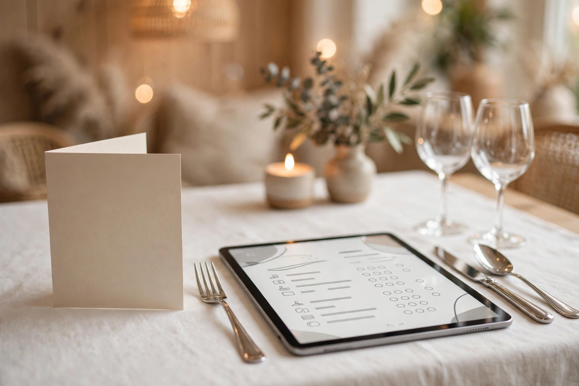 Elegant menykort og nettbrett med digital meny på et oppdekket restaurantbord
