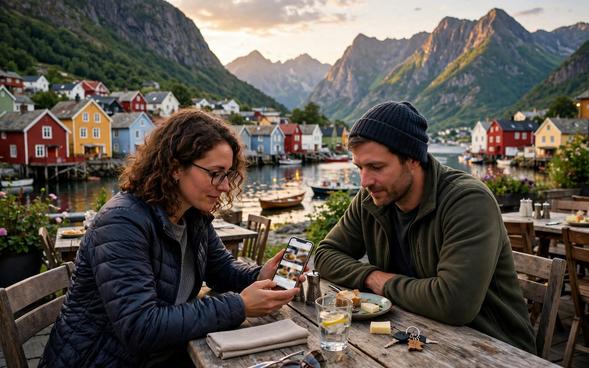 To turister ved et restaurantbord i en norsk fjordbygd som leser menyen på mobilen