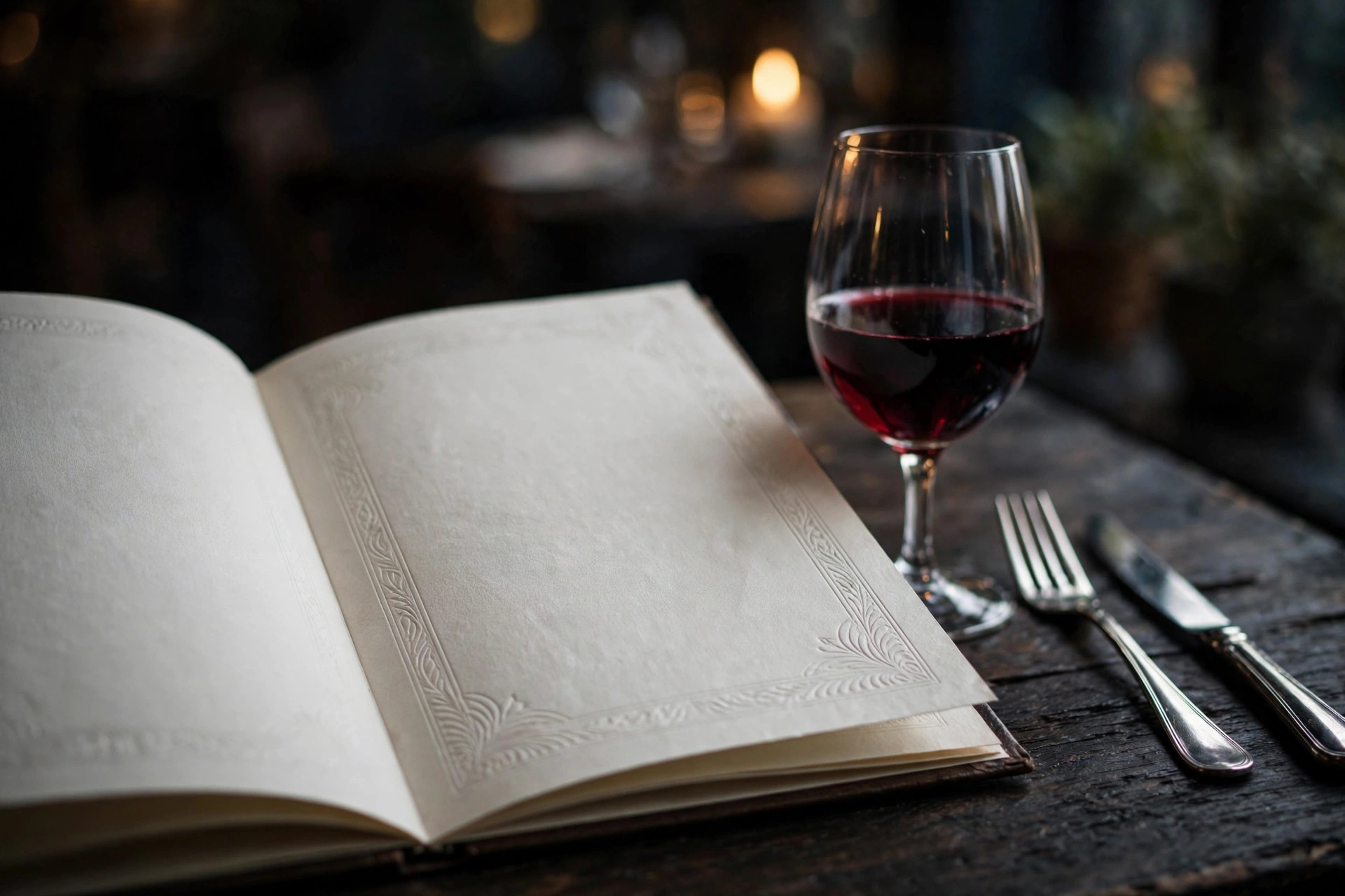 Elegant uppslagen restaurangmeny på ett mörkt träbord bredvid ett glas rödvin