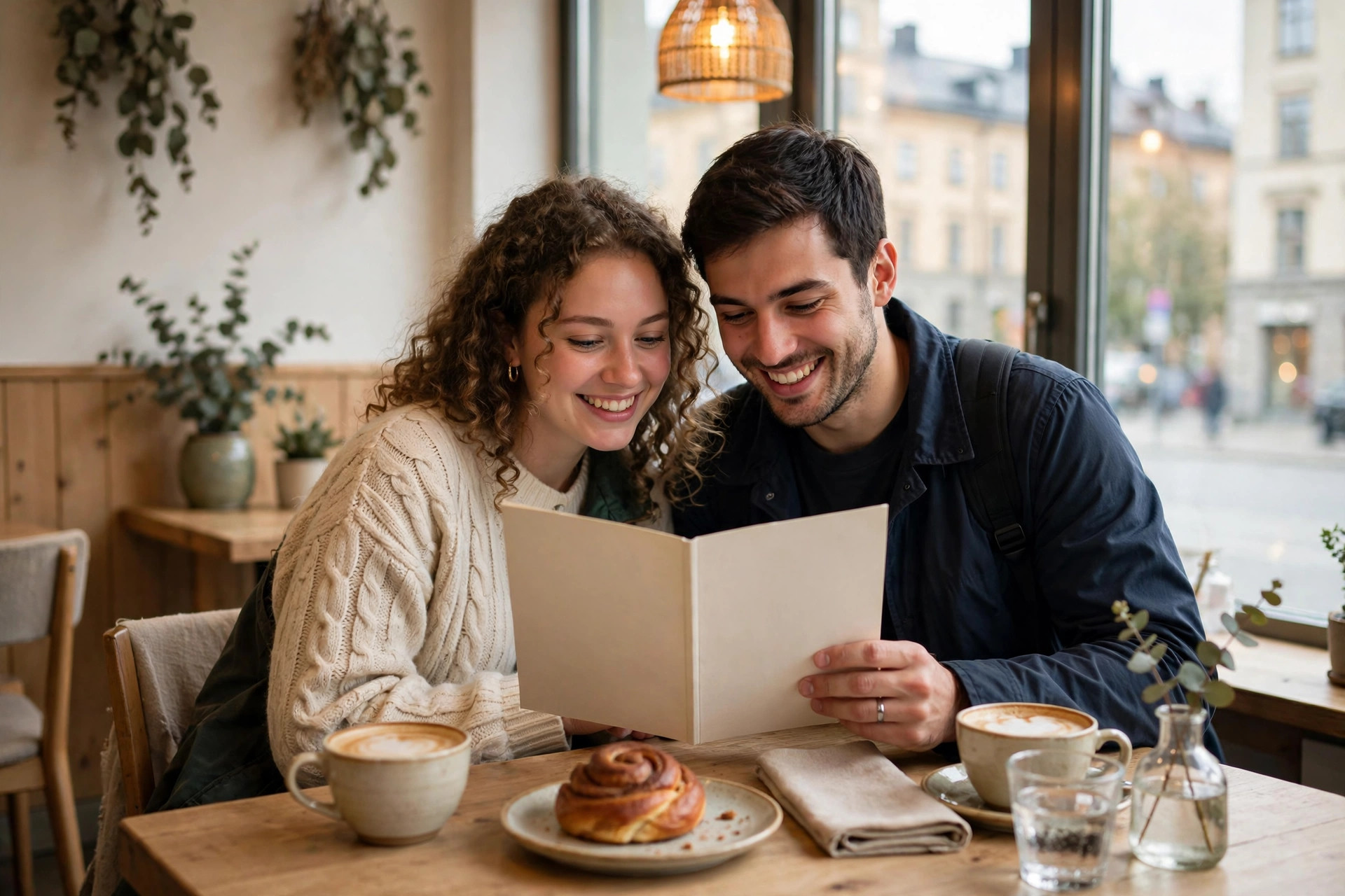 Två turister läser menyn tillsammans vid ett bord på ett mysigt kafé i Stockholm