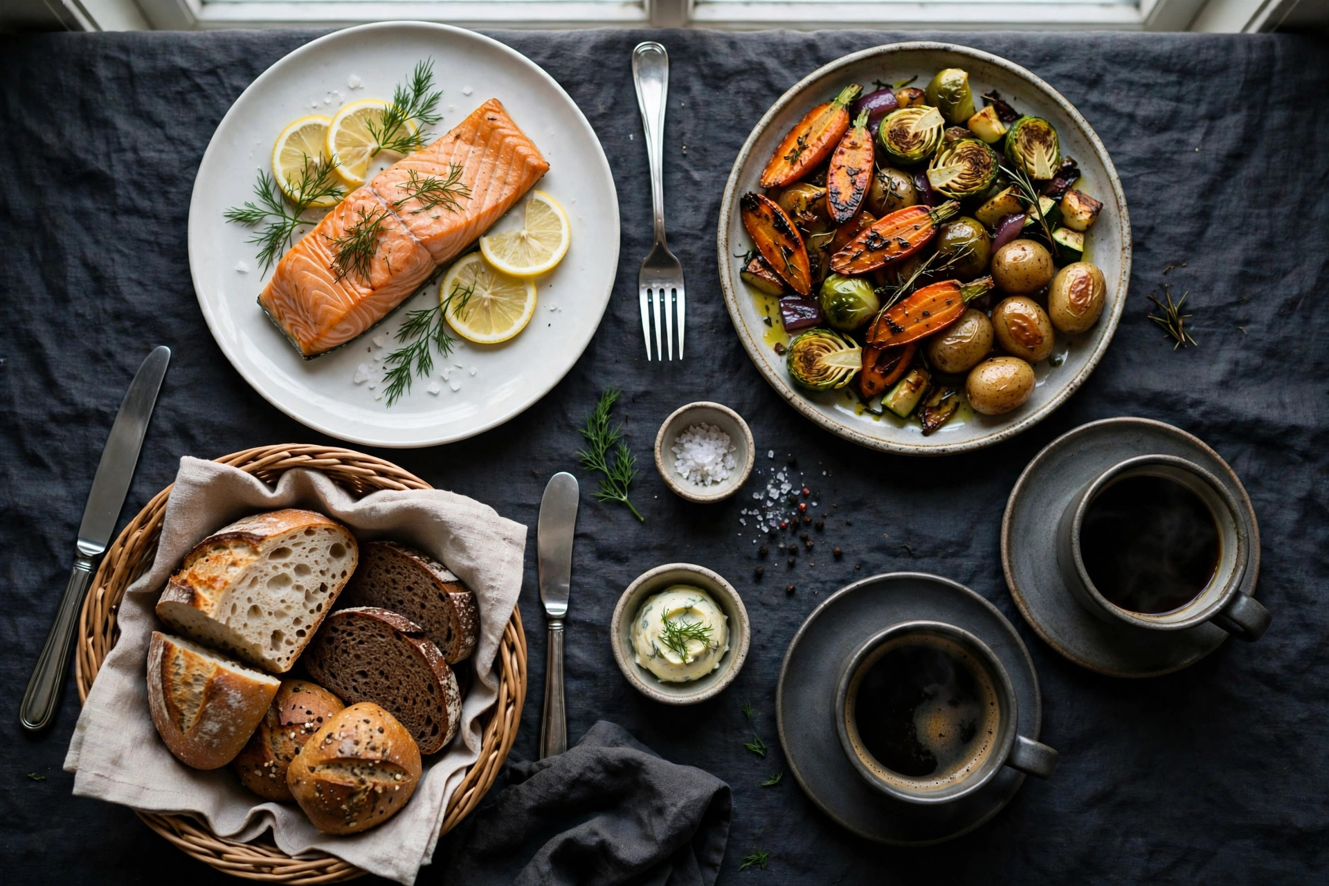 Overhead flat-lay of Nordic restaurant dishes — salmon, vegetables, bread and coffee — arranged on dark linen in soft window light