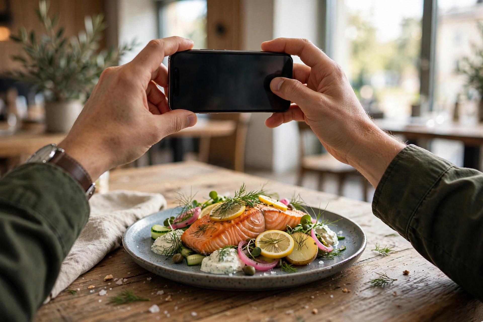 Hands holding a smartphone photographing a plated Nordic salmon dish on a wooden table in soft window light