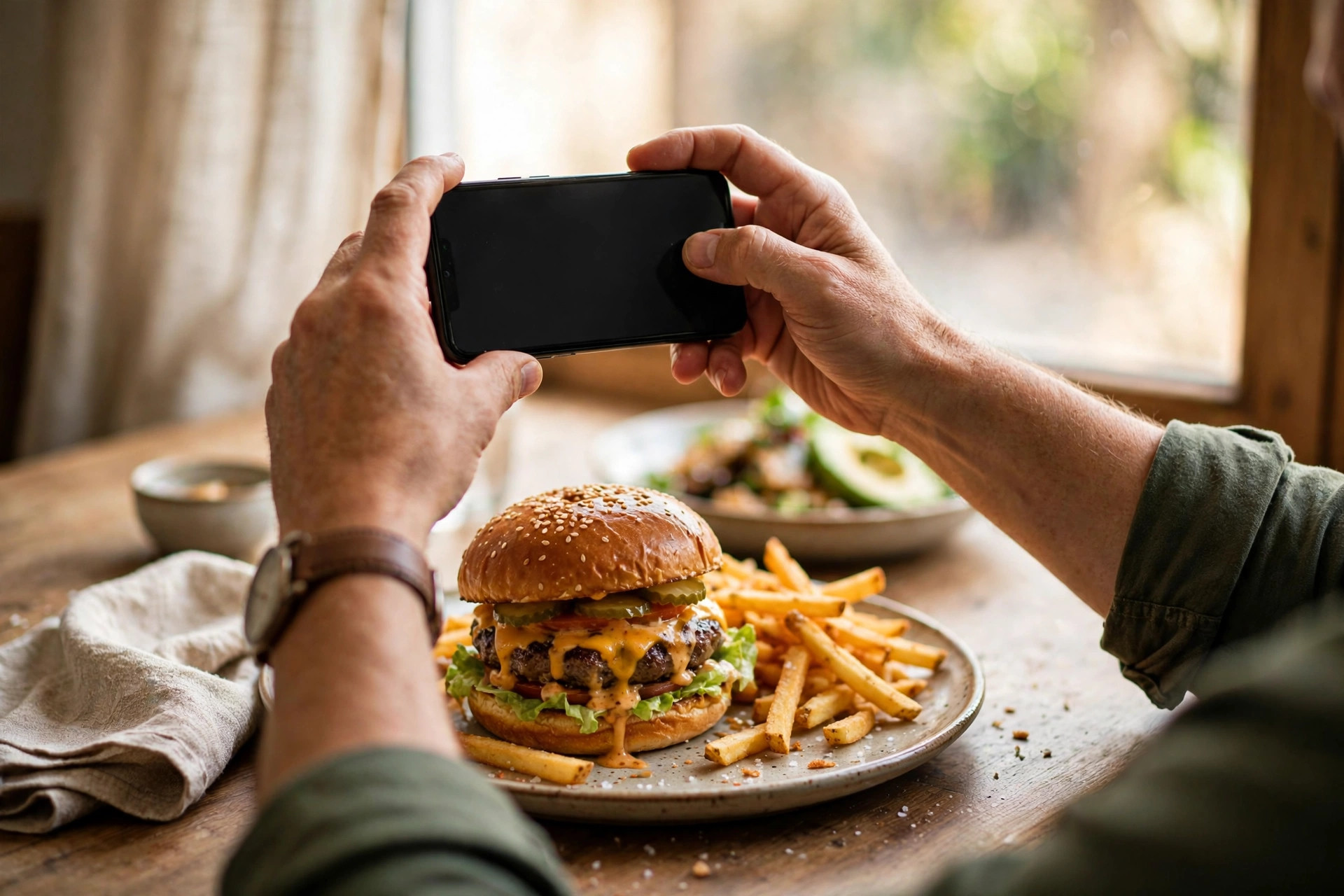 A restaurant owner photographing a burger with a smartphone by a bright window