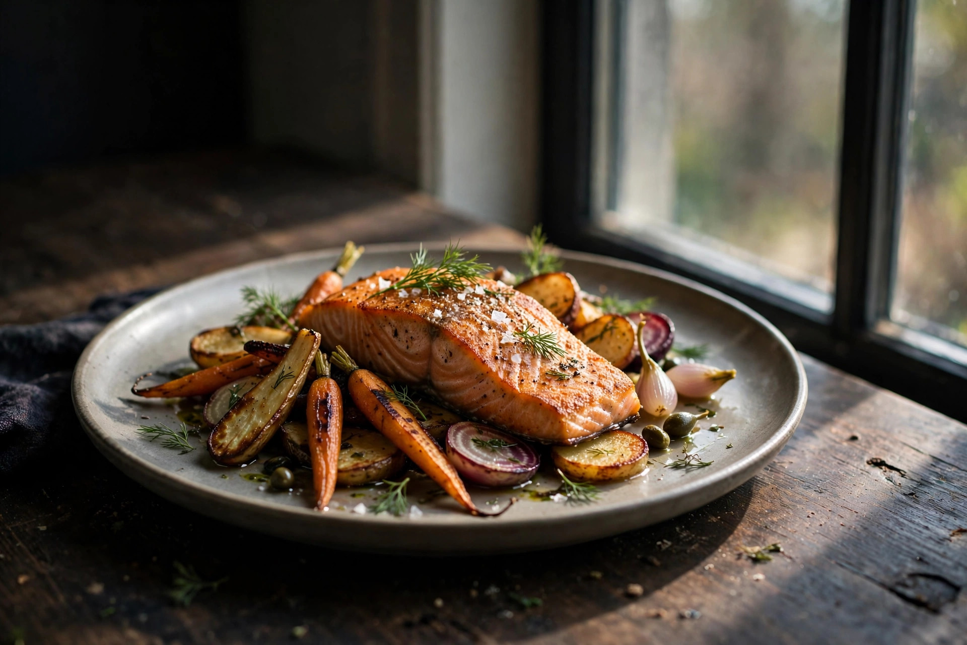 Close-up of a beautifully plated Nordic salmon dish photographed in soft window light