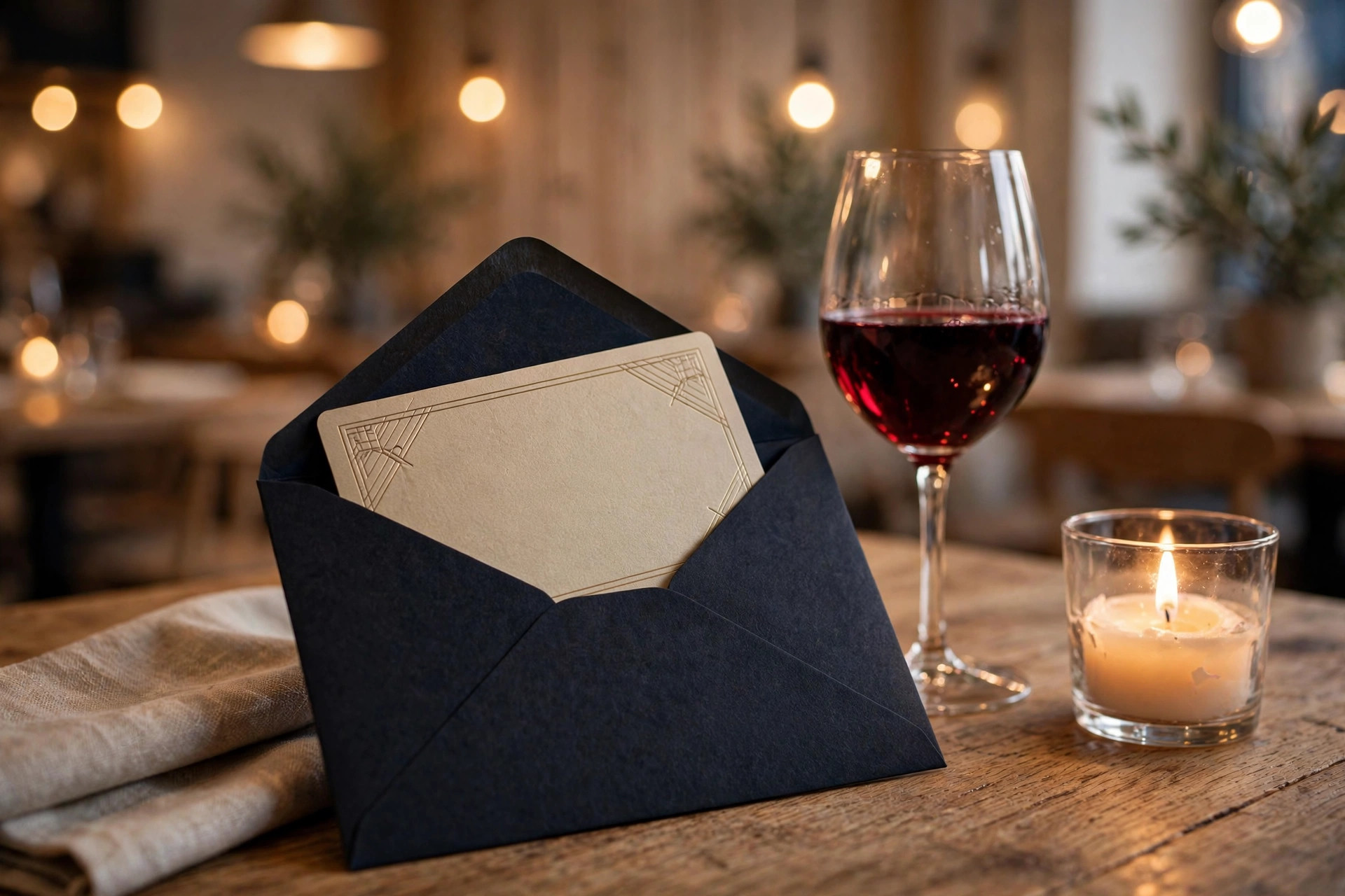 Elegant presentkort i kuvert på restaurangbord bredvid vinglas