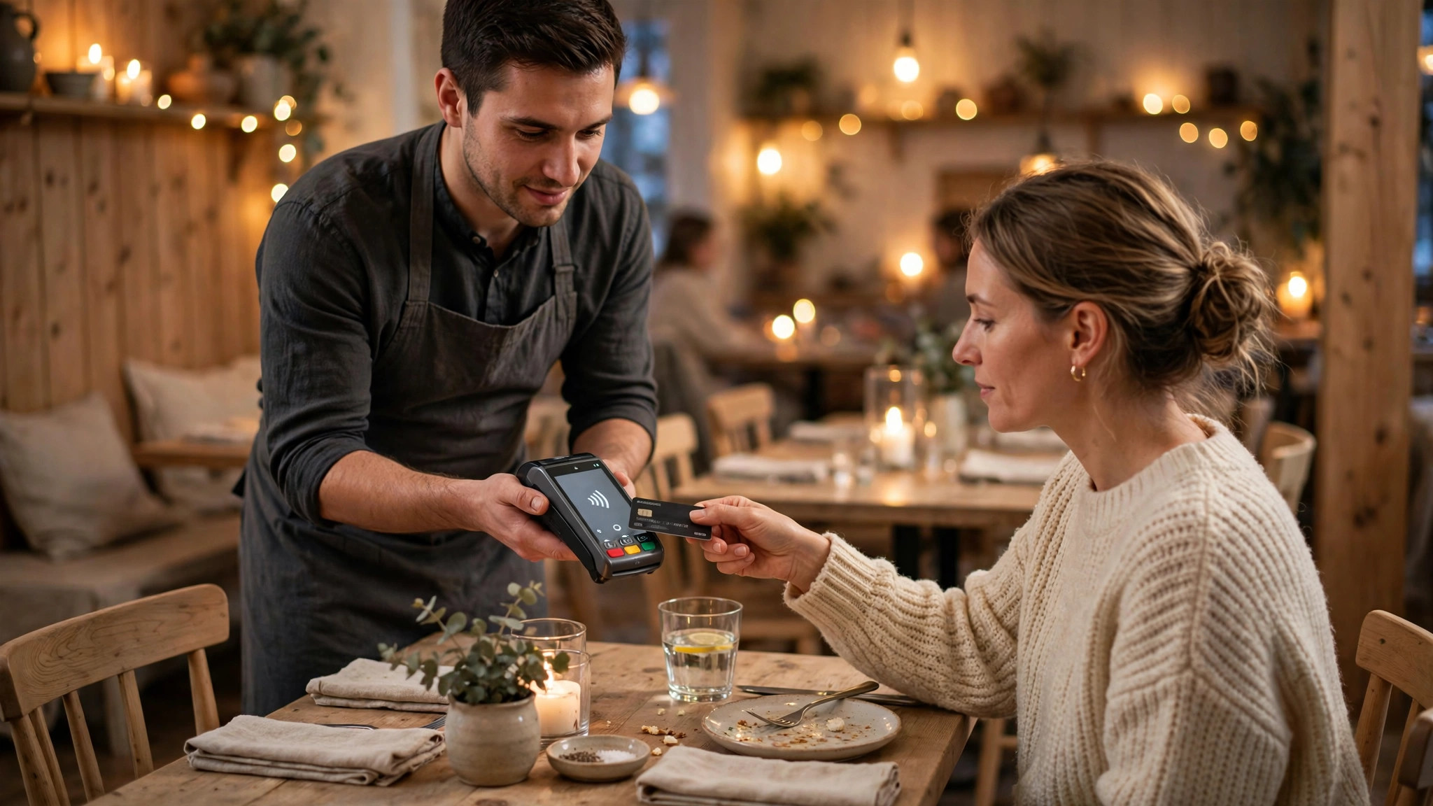 Gäst som betalar med kort vid bordet på restaurang — förskottsbetalning och kortgaranti vid bokning