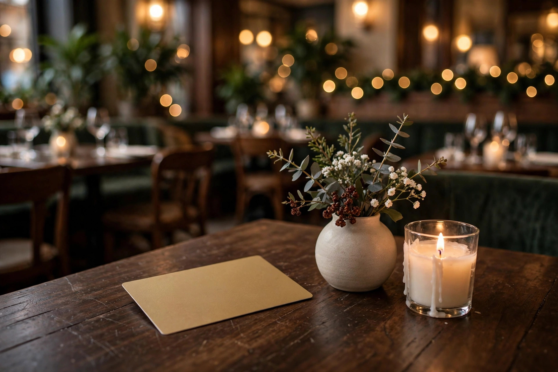 Restaurantgavekort på et bord med levende lys og blomster i en stemningsfull restaurant