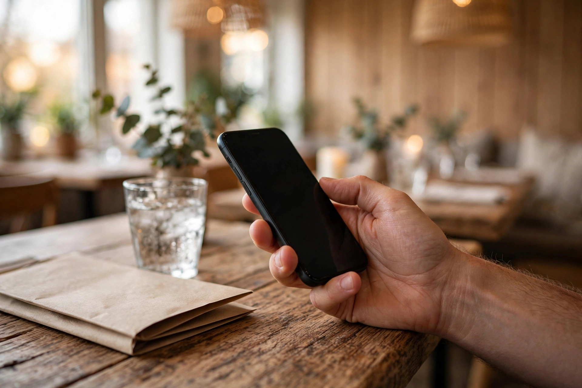 Gäst med smartphone på restaurang — Googles AI svarar nu på gästernas frågor i stället för funktionen Frågor och svar