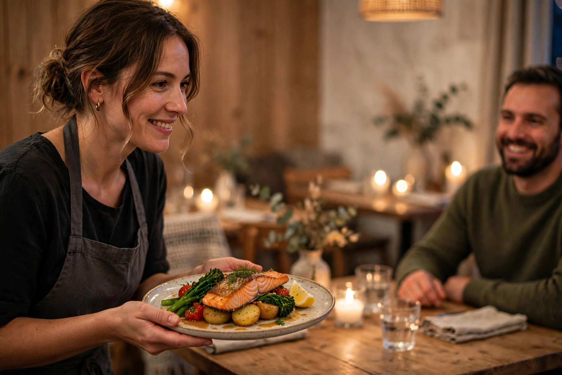 Server presenting a plated salmon dish to a guest in a warm Scandinavian dining room