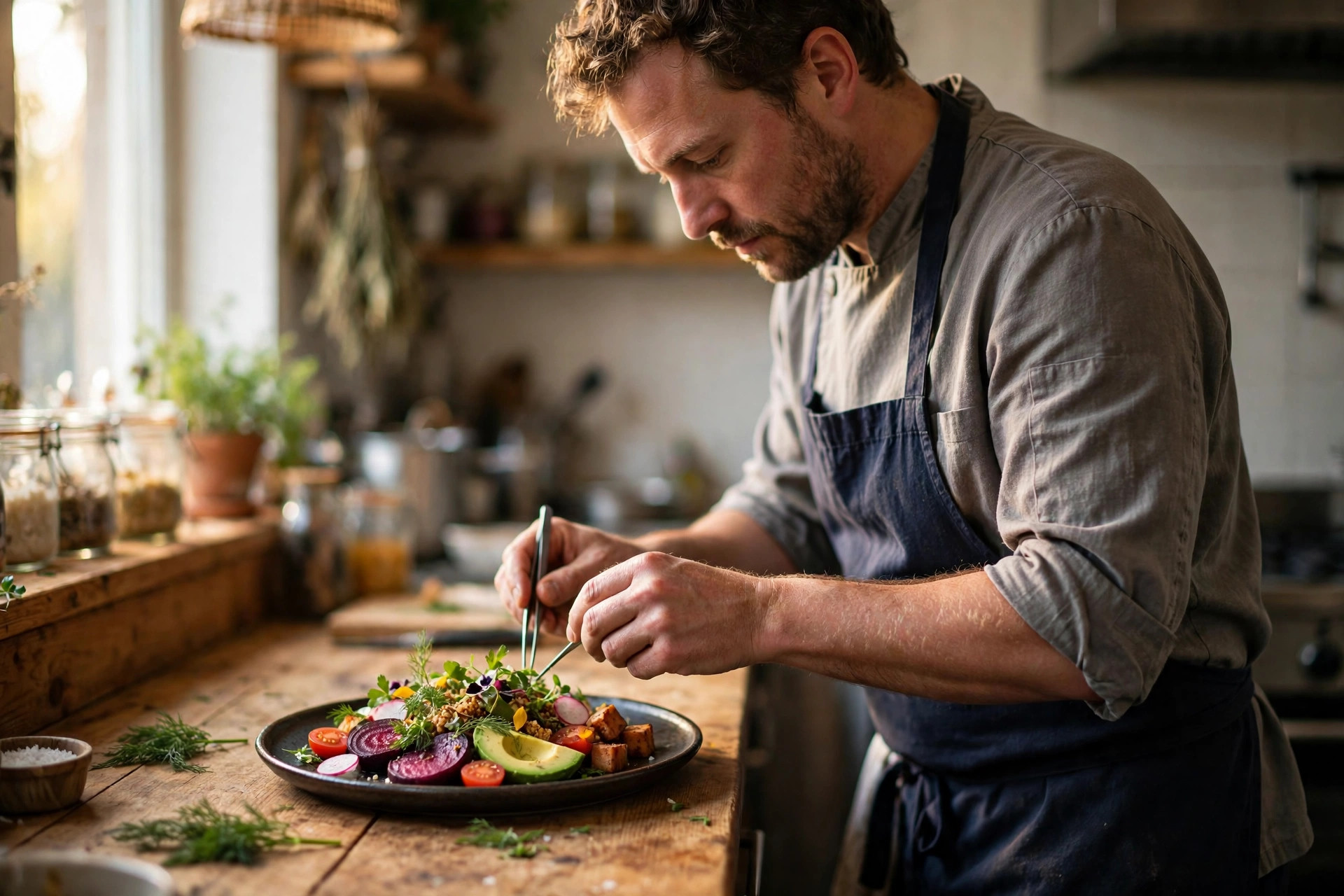 Chef carefully plating a colourful gluten-free dish in a Nordic restaurant kitchen