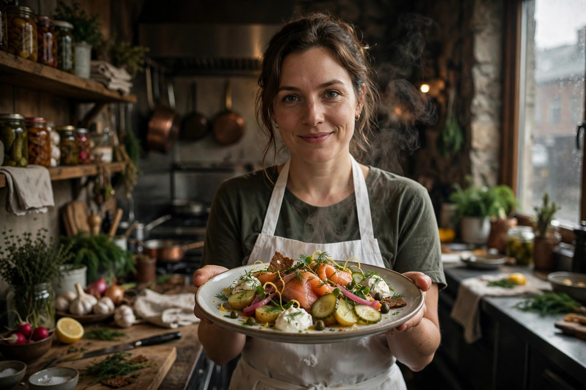Kokke i hvitt forkle som presenterer en vakkert anrettet nordisk rett på et varmt restaurantkjøkken