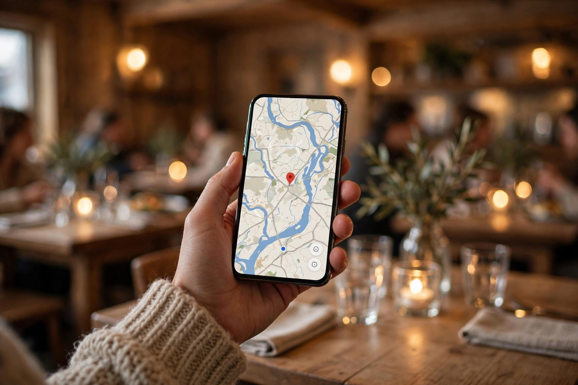 Smarttelefon som viser en restaurant på kart, holdt over et koselig nordisk restaurantlokale med gjester