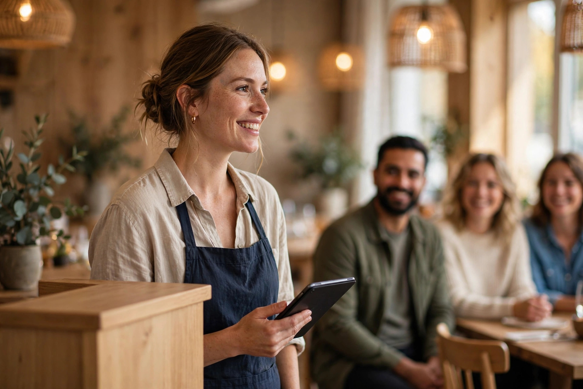 Vert som tar imot gjester ved inngangen til restauranten