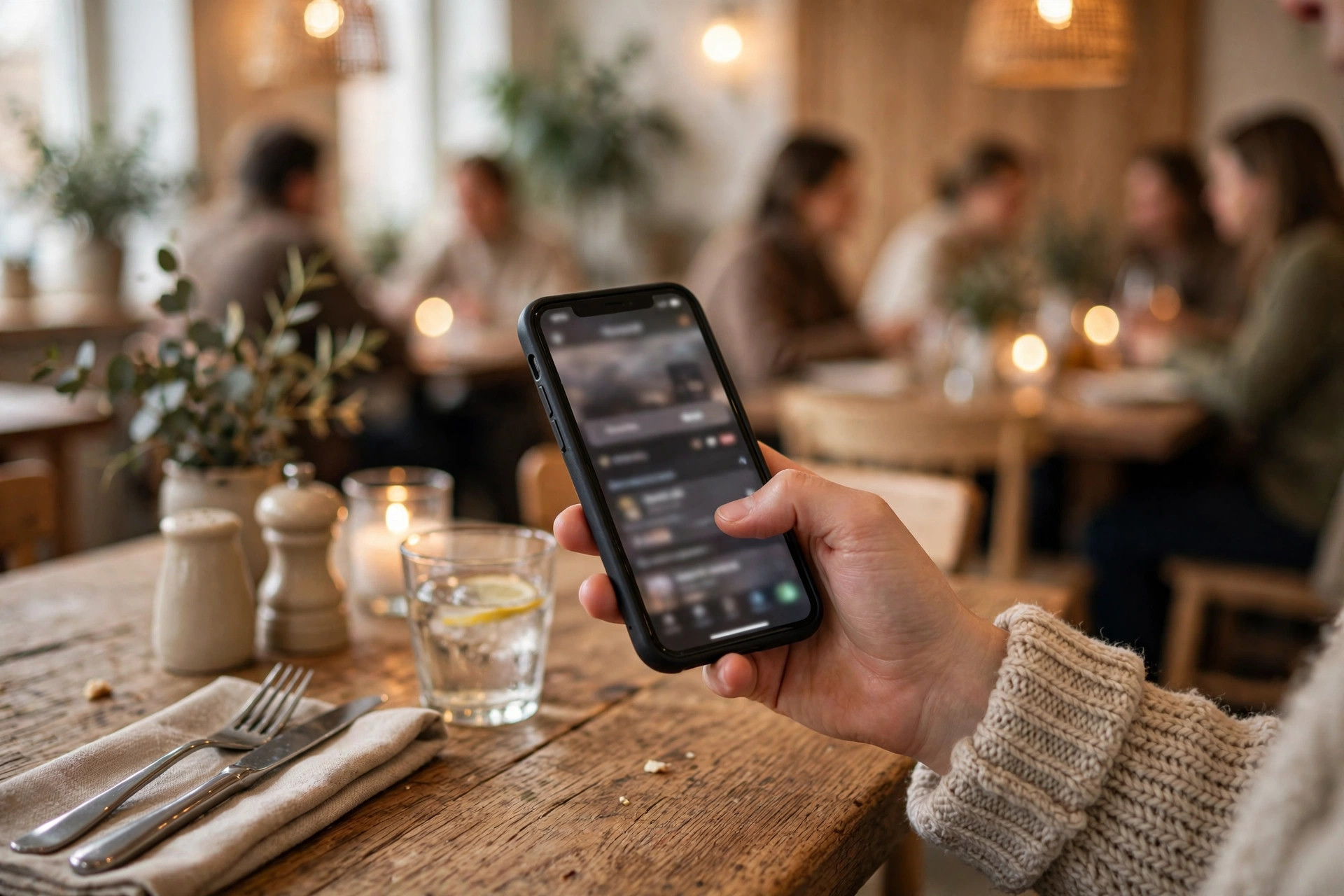 Gjest som booker bord på smarttelefonen ved restaurantbordet